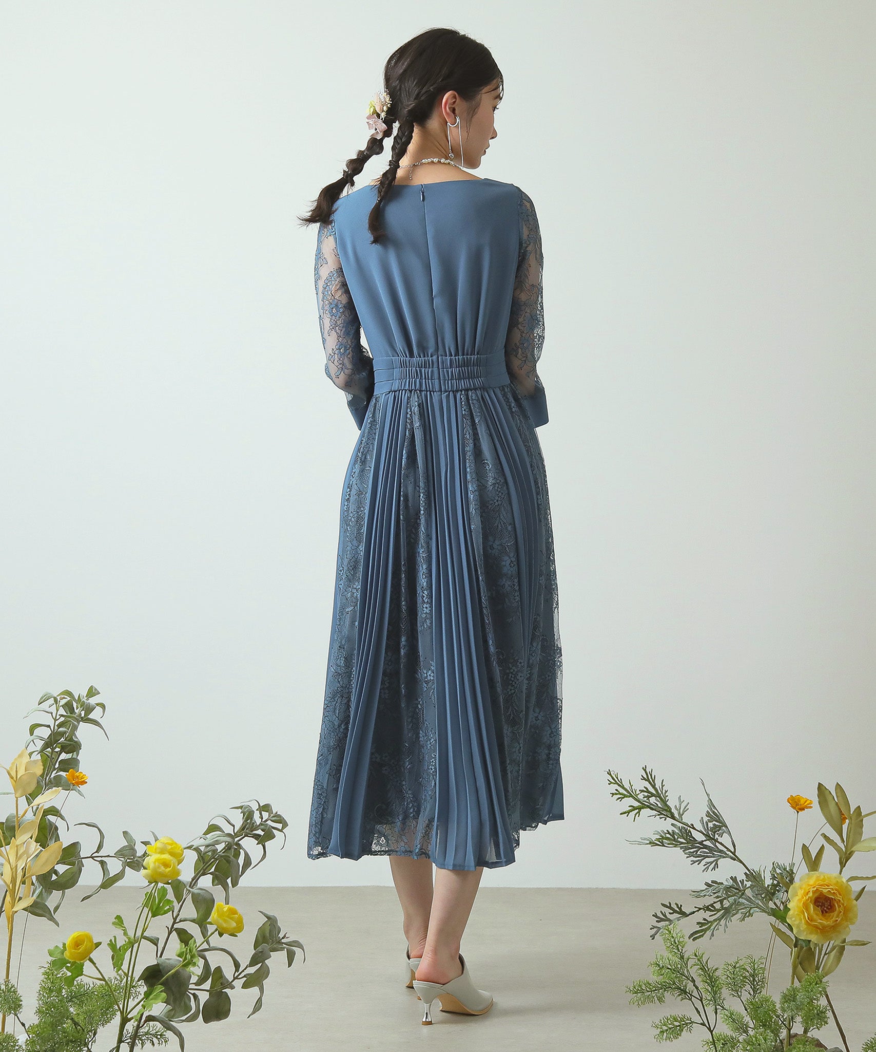 プリーツ×レース ウエストタックロングワンピースドレス
