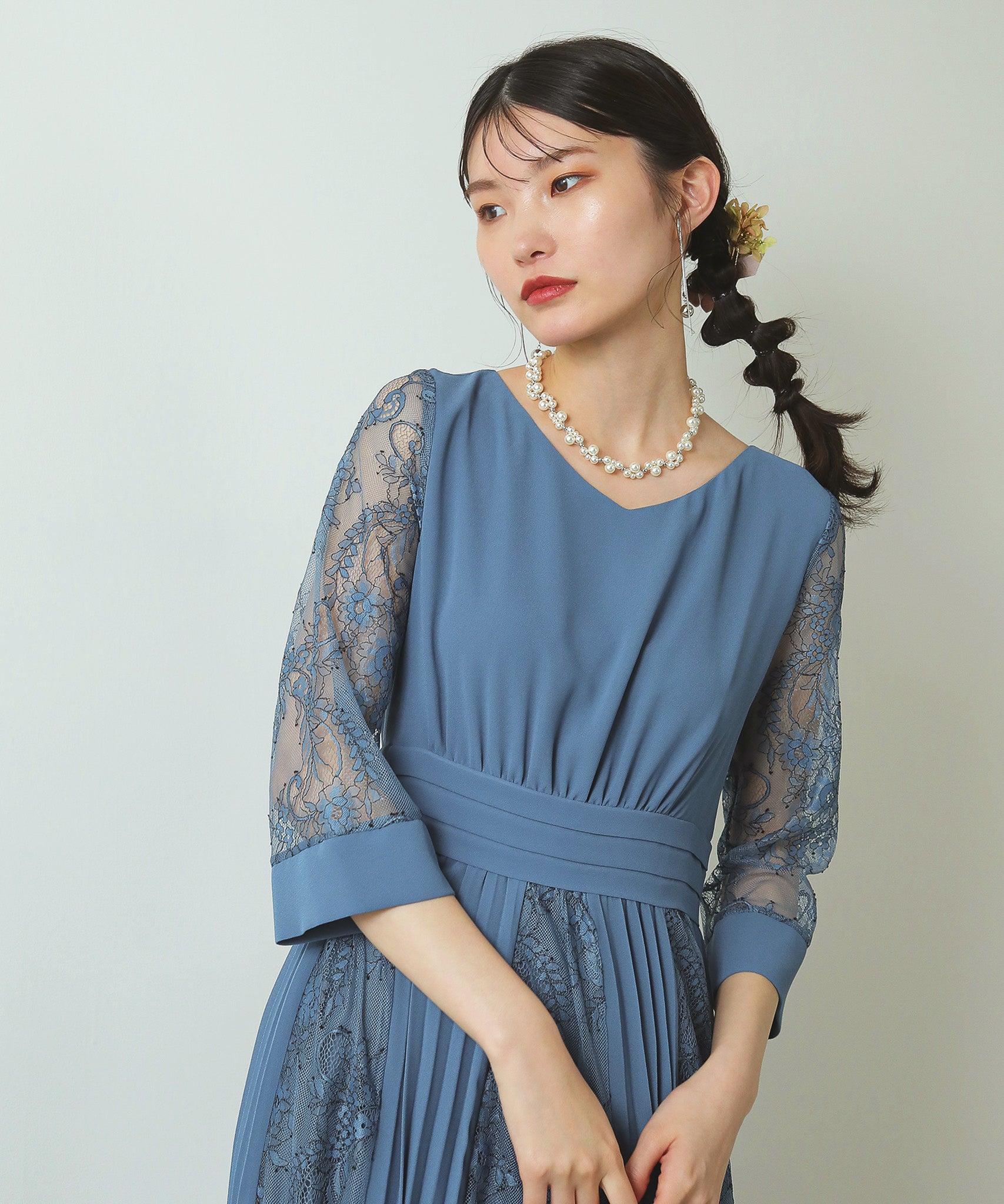 プリーツ×レース ウエストタックロングワンピースドレス