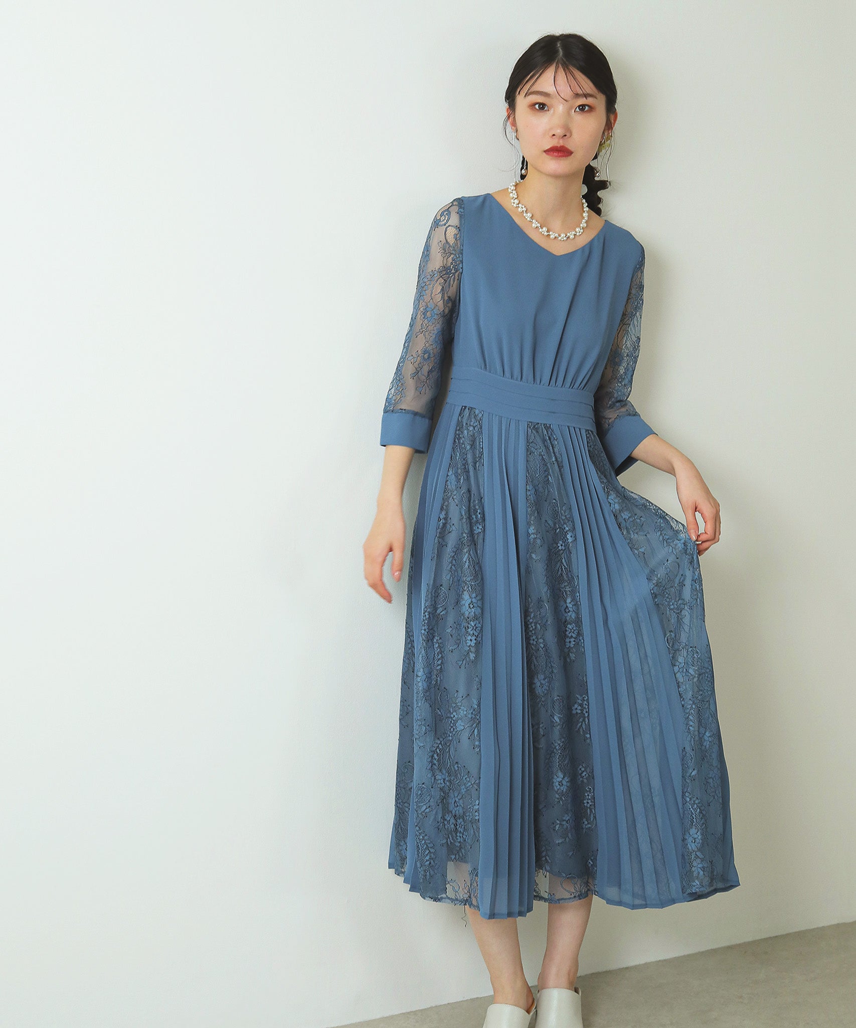 プリーツ×レース ウエストタックロングワンピースドレス