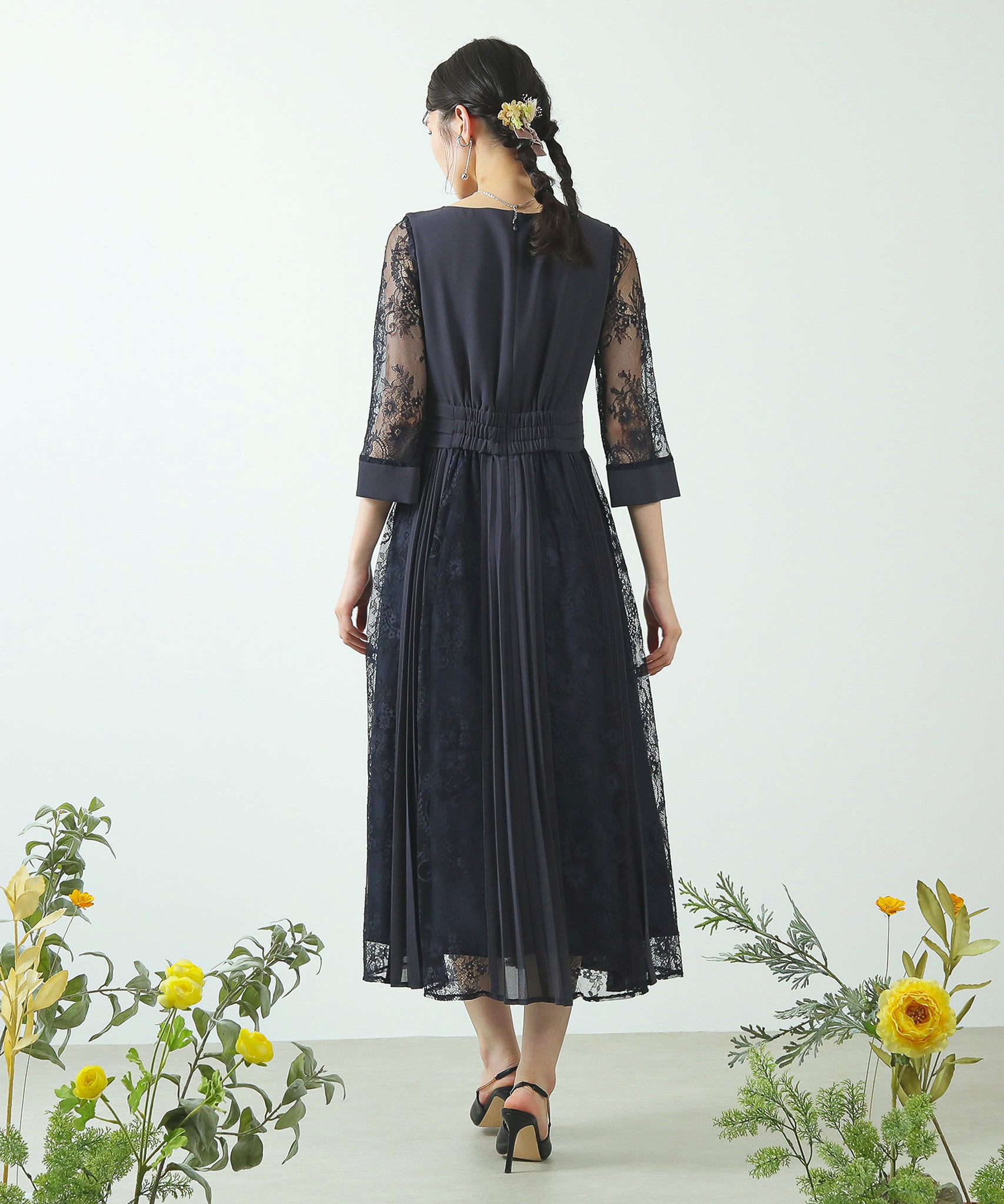 プリーツ×レース ウエストタックロングワンピースドレス