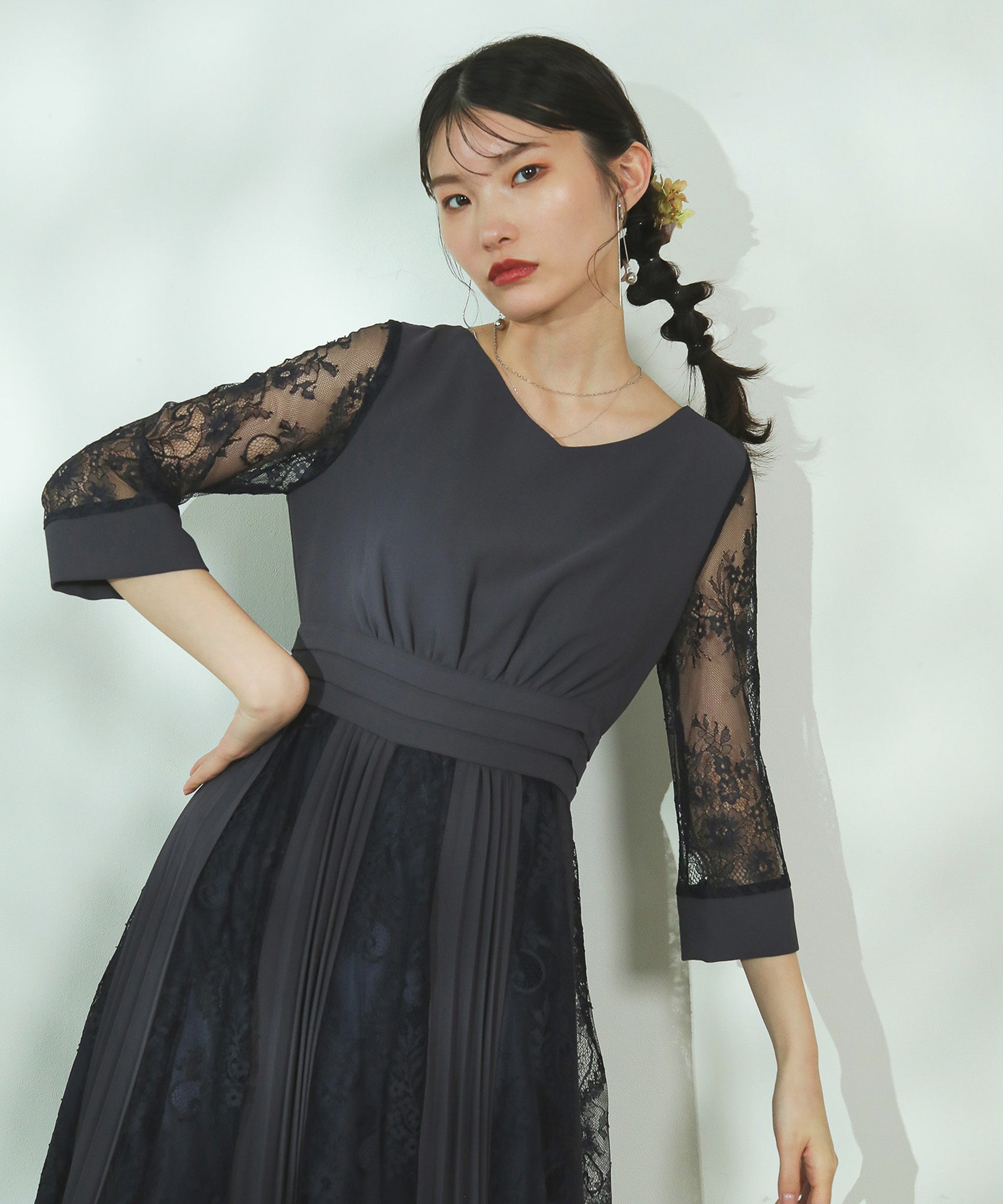 プリーツ×レース ウエストタックロングワンピースドレス