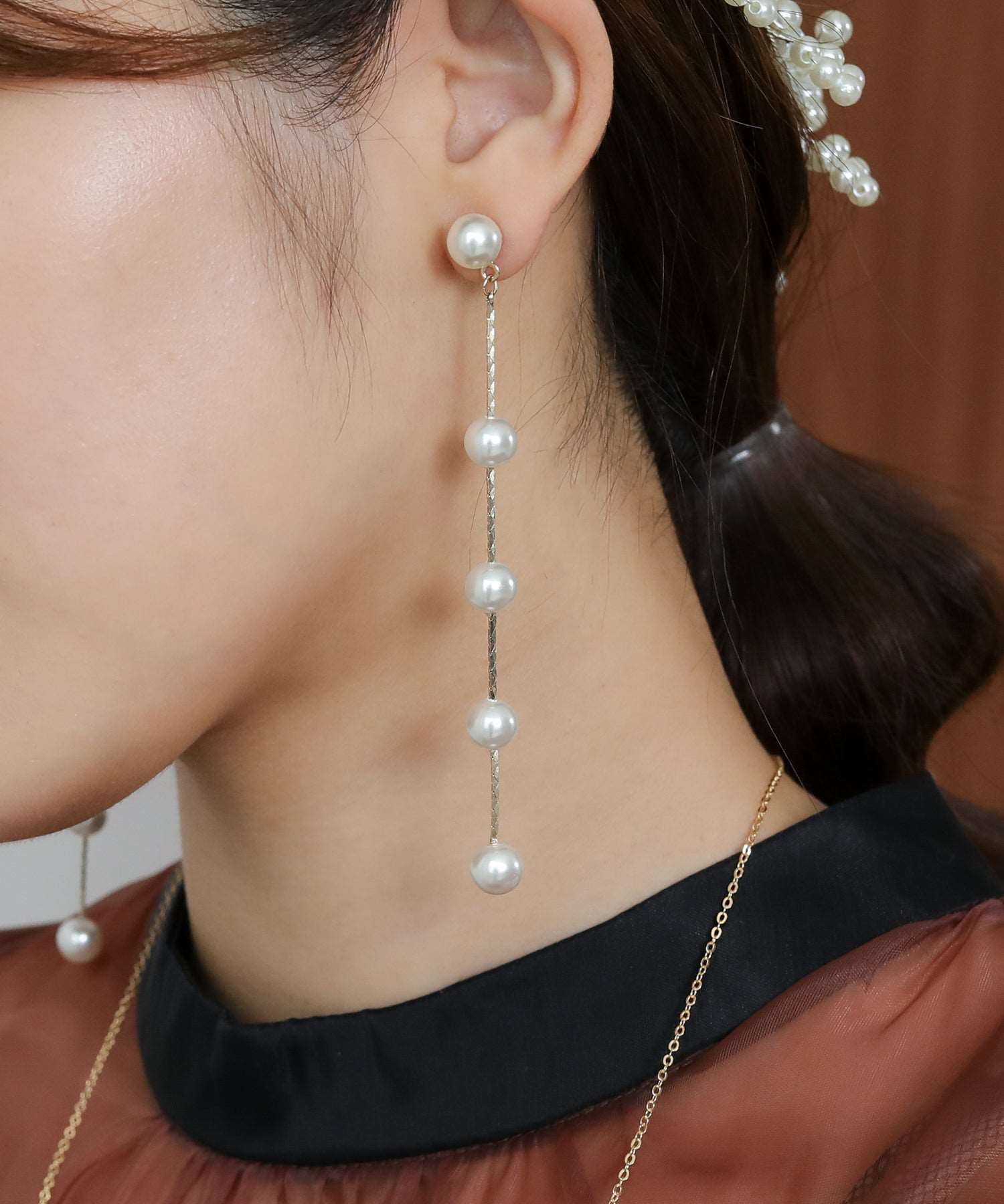 5連 パール ロング ピアス