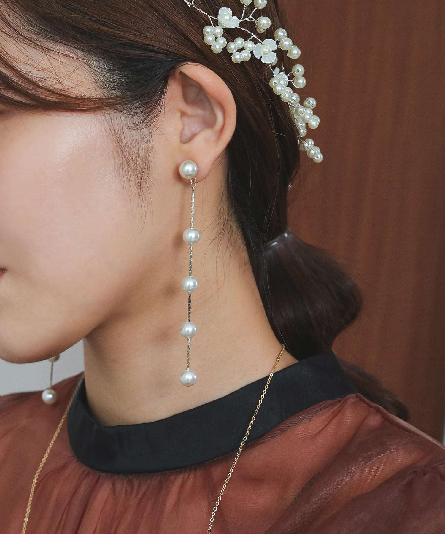 5連 パール ロング ピアス