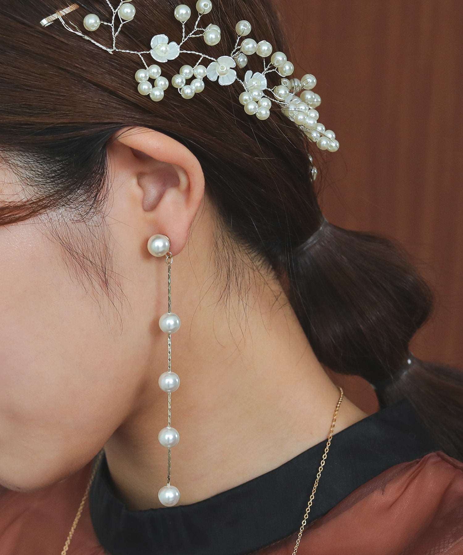 5連 パール ロング ピアス