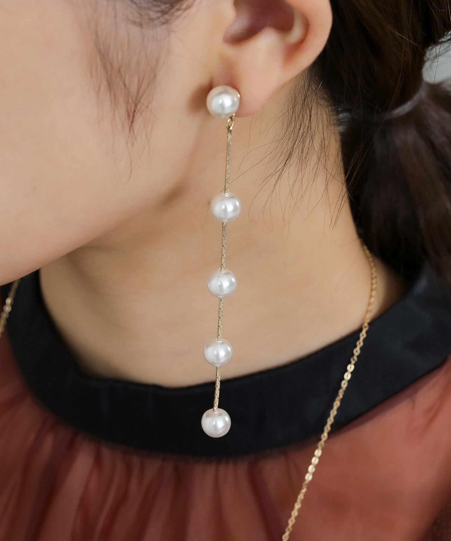 5連 パール ロング ピアス