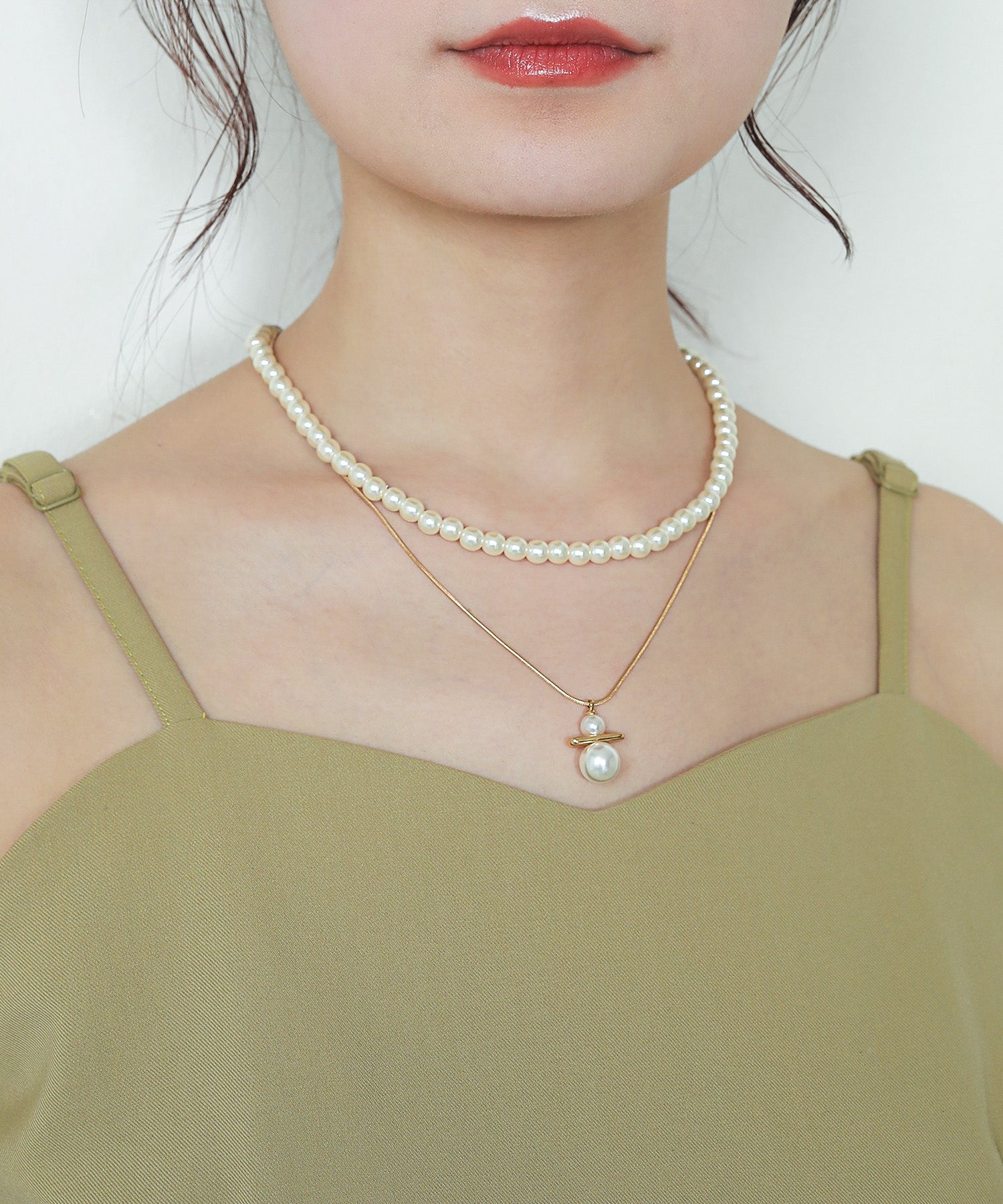スネークチェーン レイヤード パール ネックレス 2連 結婚式パーティー デイリー