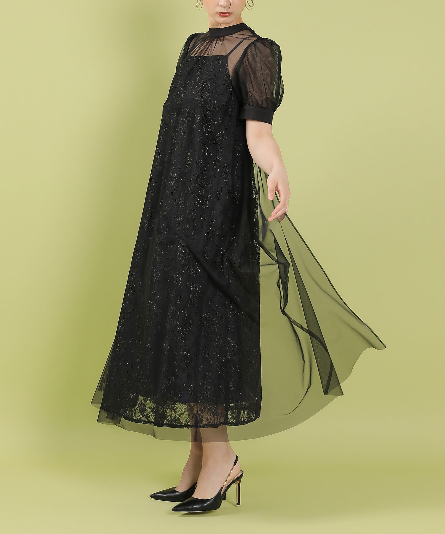 チュール バック リボン レースキャミワンピ 2点セット