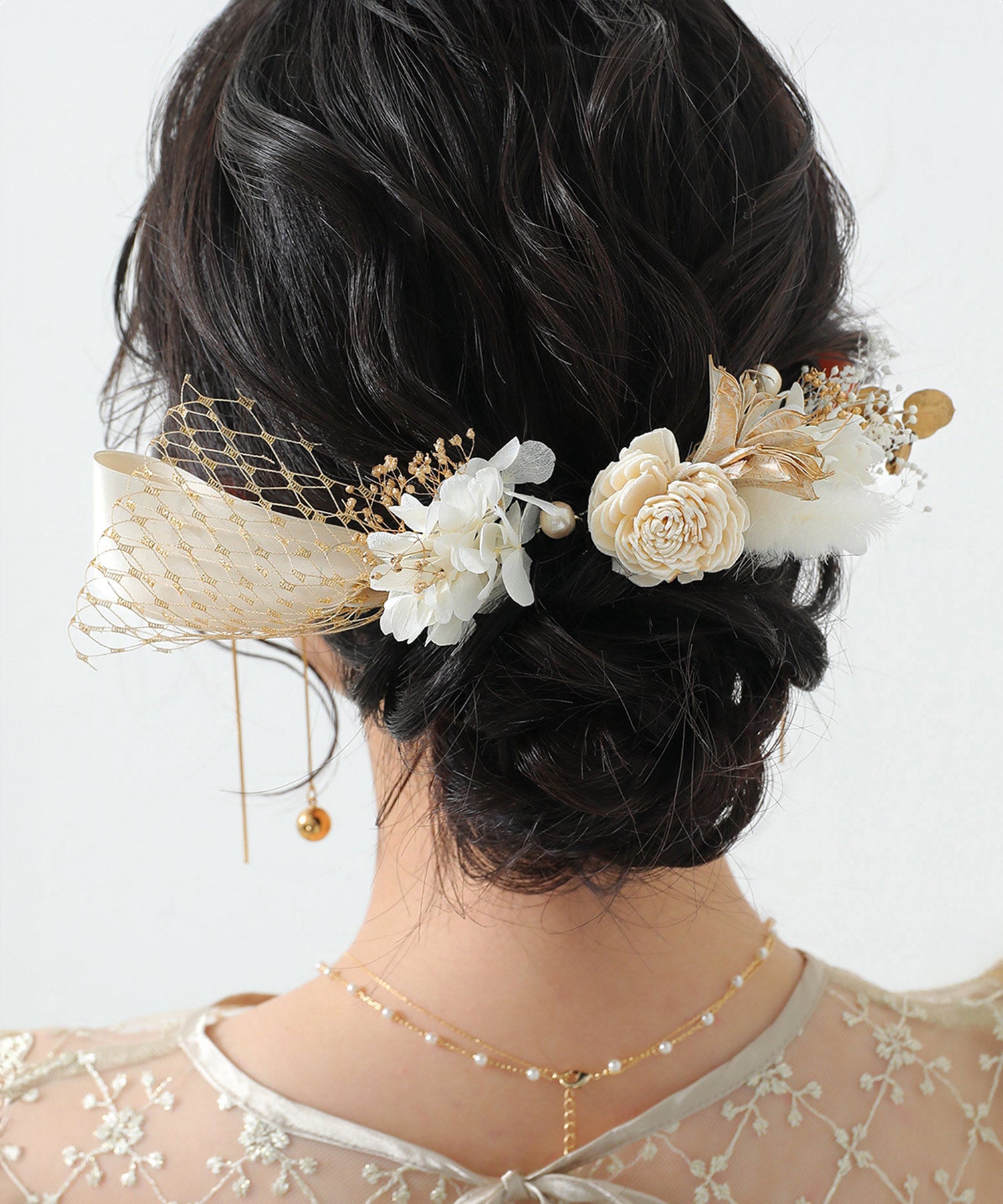 ドライフラワー バラ パール リボン Uピン 7本セット パーティ ヘアアレンジ