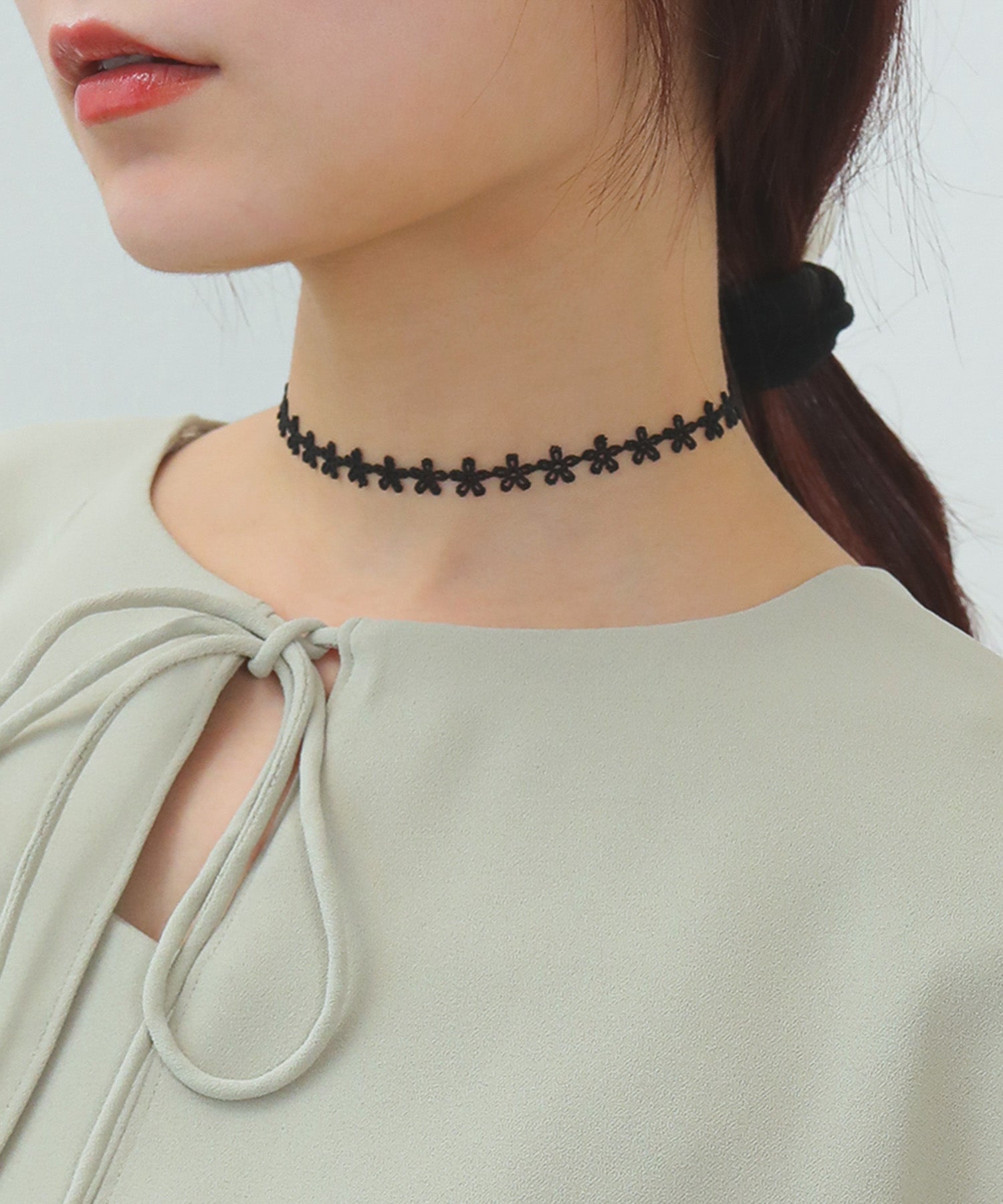 花 チョーカー シンプル ネックレス ブラック コットン