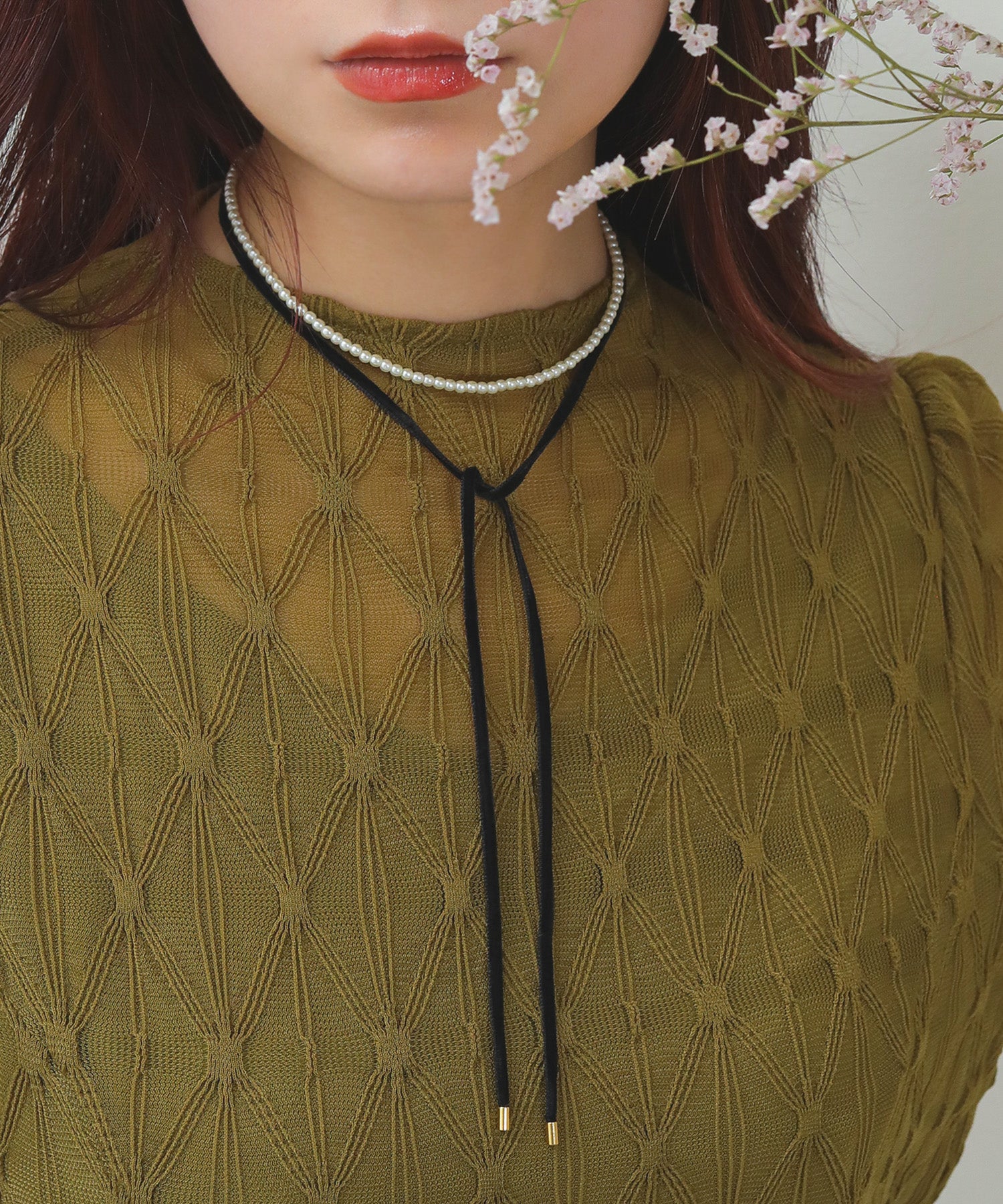 異素材 ベロア パール ネックレス 2way