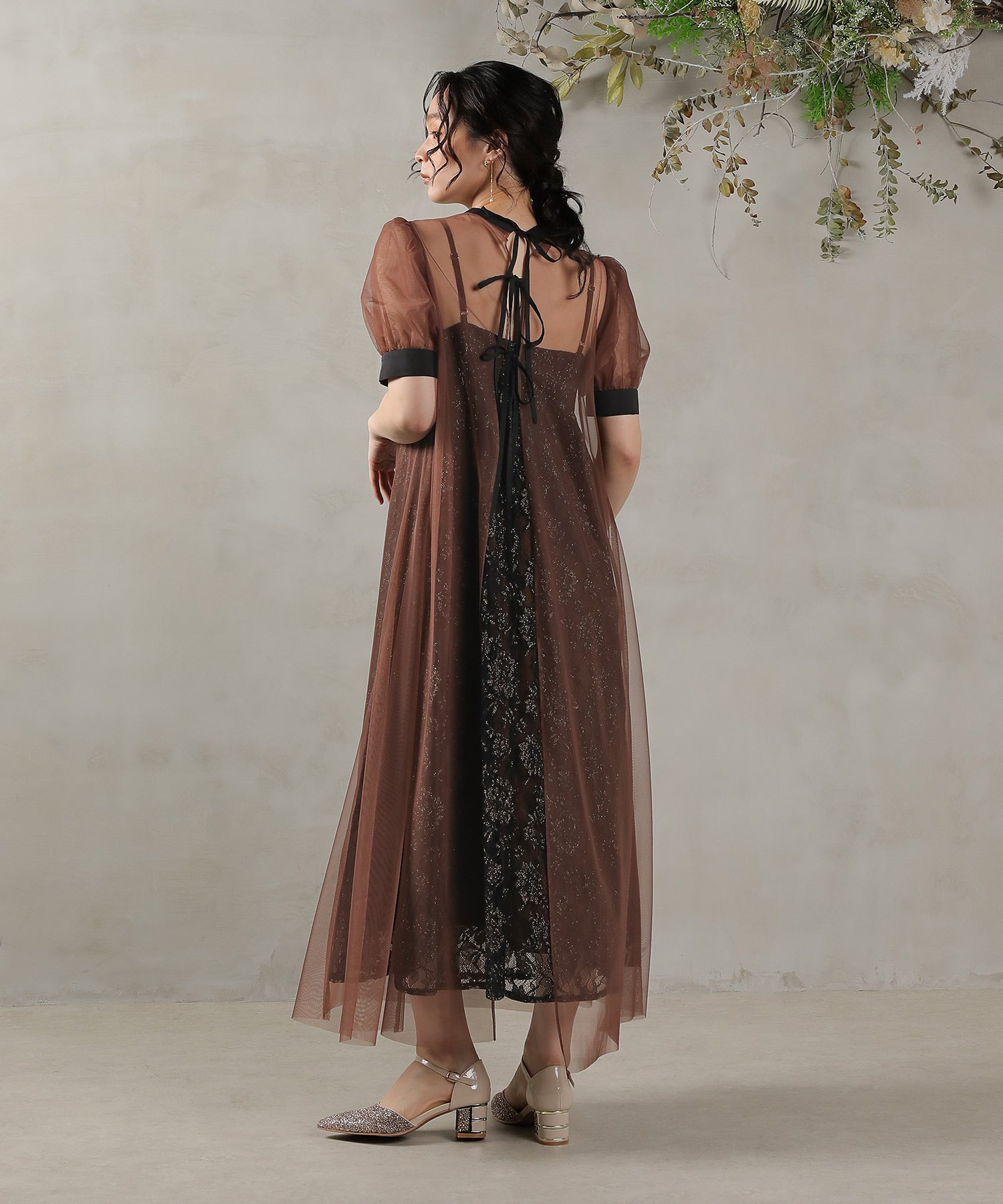 チュール バック リボン レースキャミワンピ 2点セット