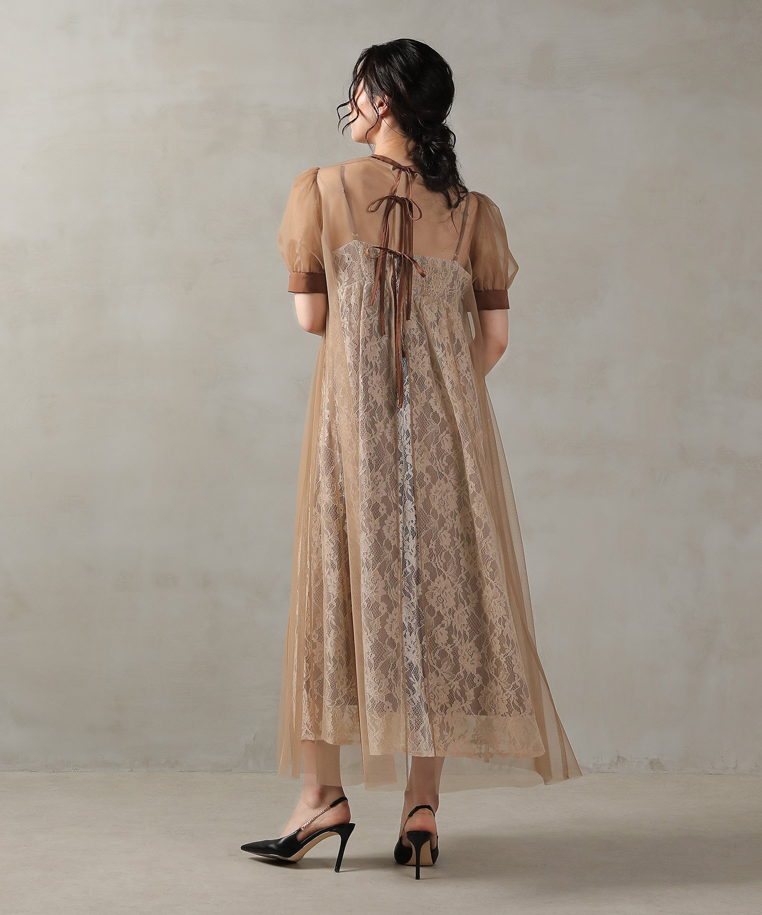 チュール バック リボン レースキャミワンピ 2点セット