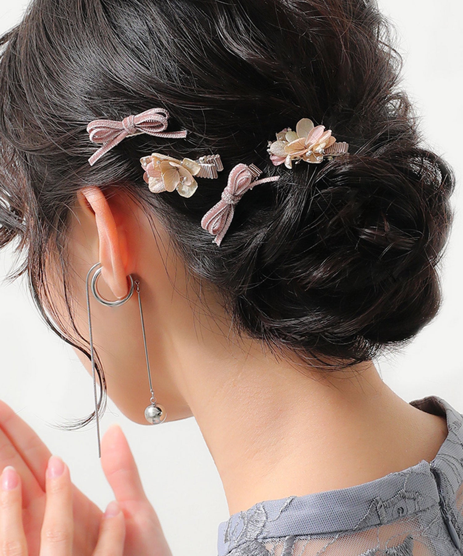 ドライフラワー ベロア リボン 紫陽花 ミニヘアクリップ 4本セット