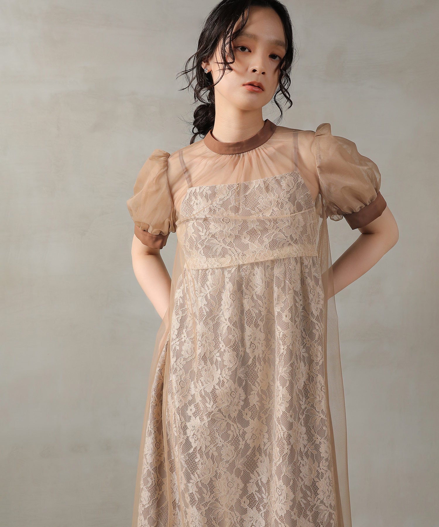 チュール バック リボン レースキャミワンピ 2点セット