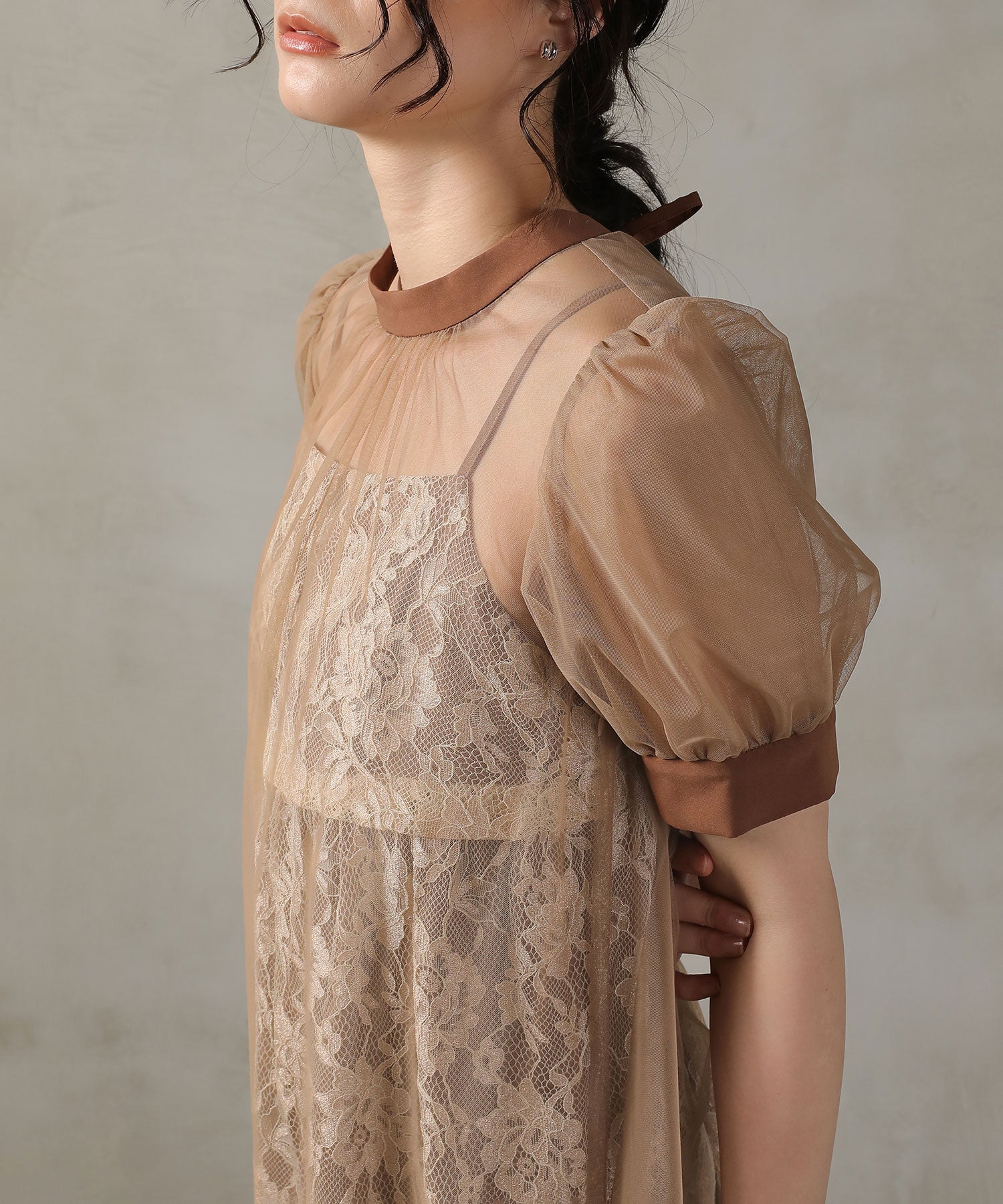 チュール バック リボン レースキャミワンピ 2点セット