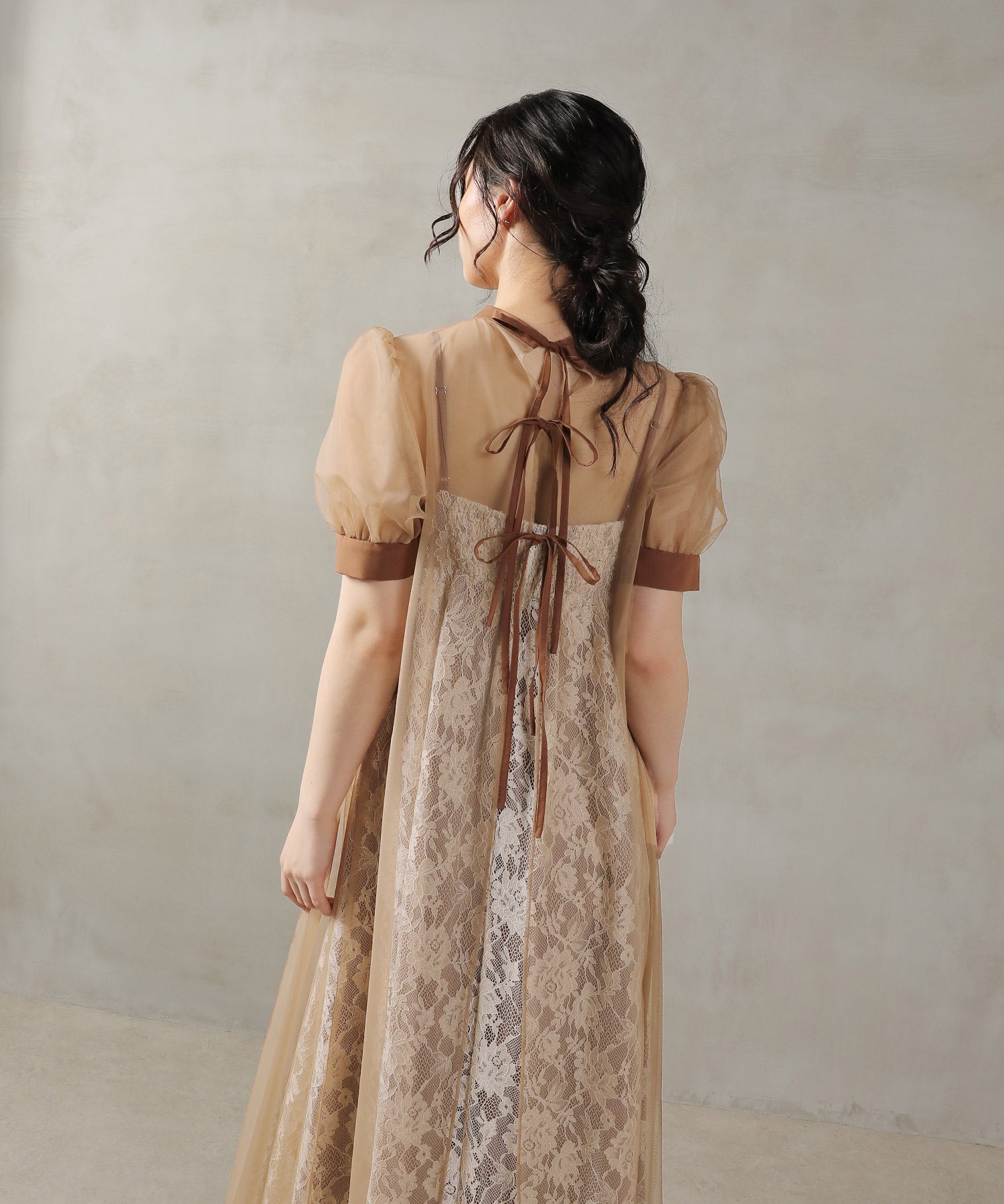 チュール バック リボン レースキャミワンピ 2点セット