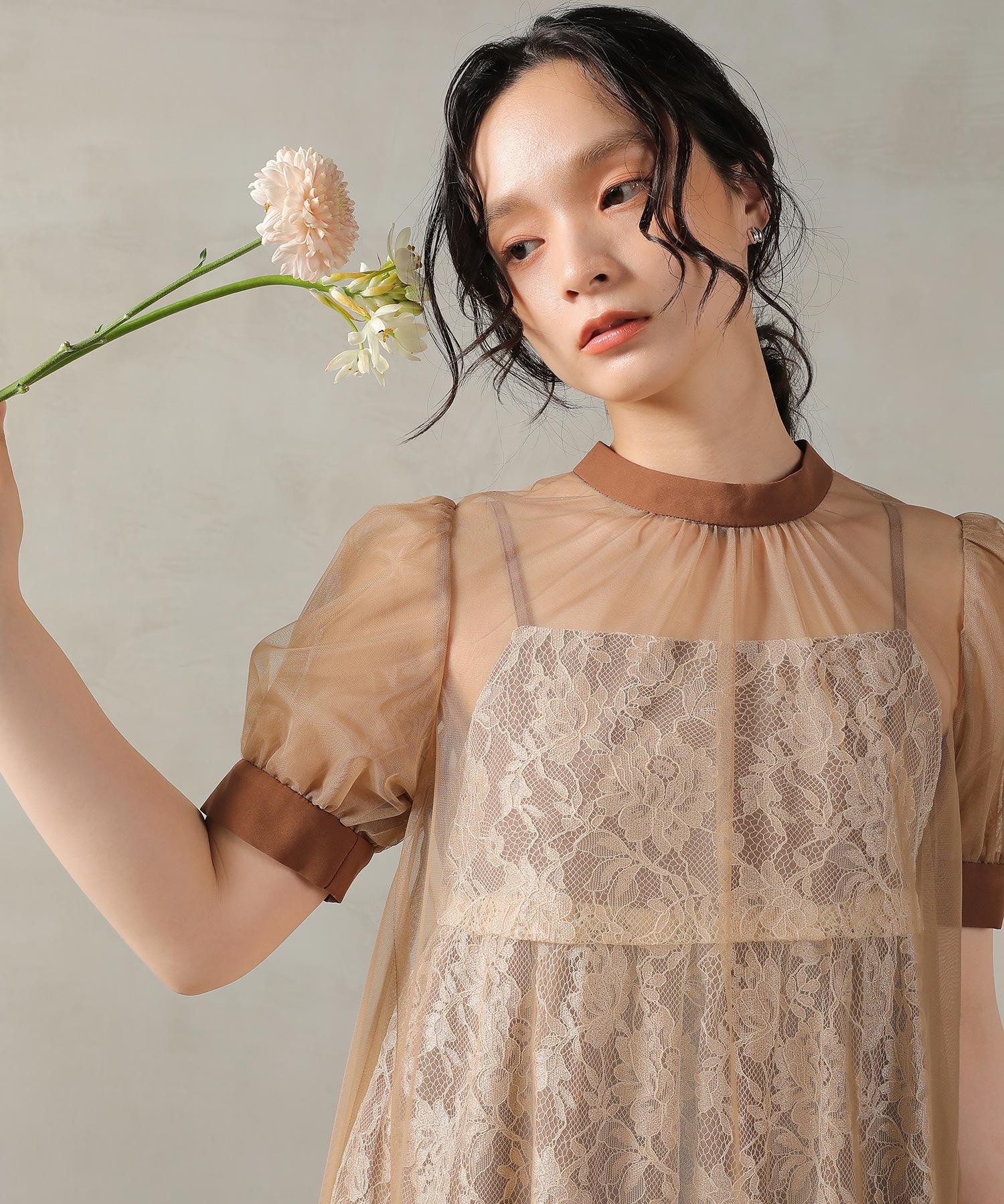 チュール バック リボン レースキャミワンピ 2点セット