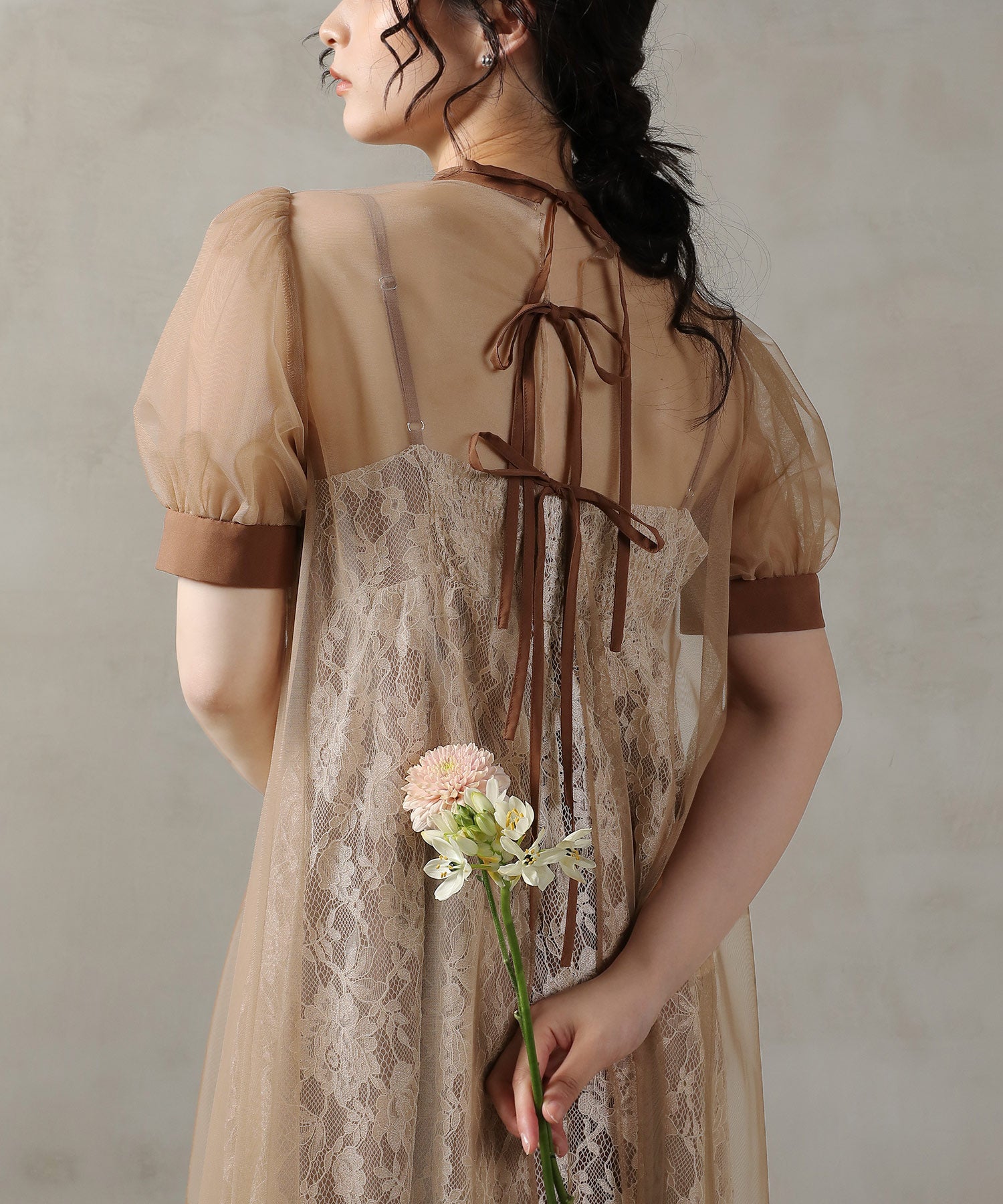 チュール バック リボン レースキャミワンピ 2点セット