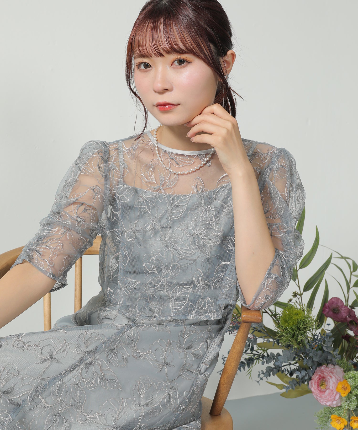 シャーリングスリーブ 総レース フェミニン パーティー ドレス