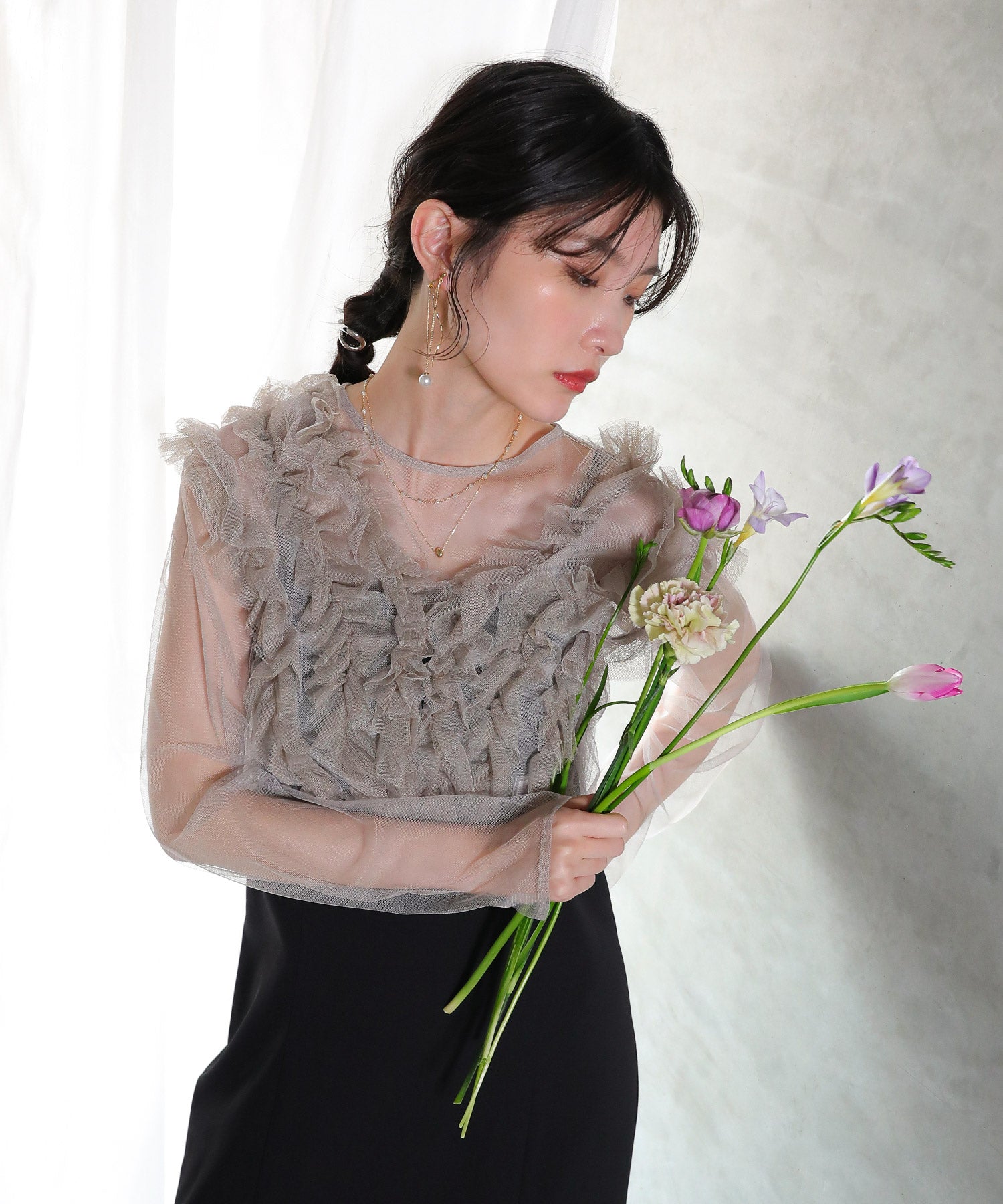 チュール フリル ベスト シアー トップス ワンピース 3点セット