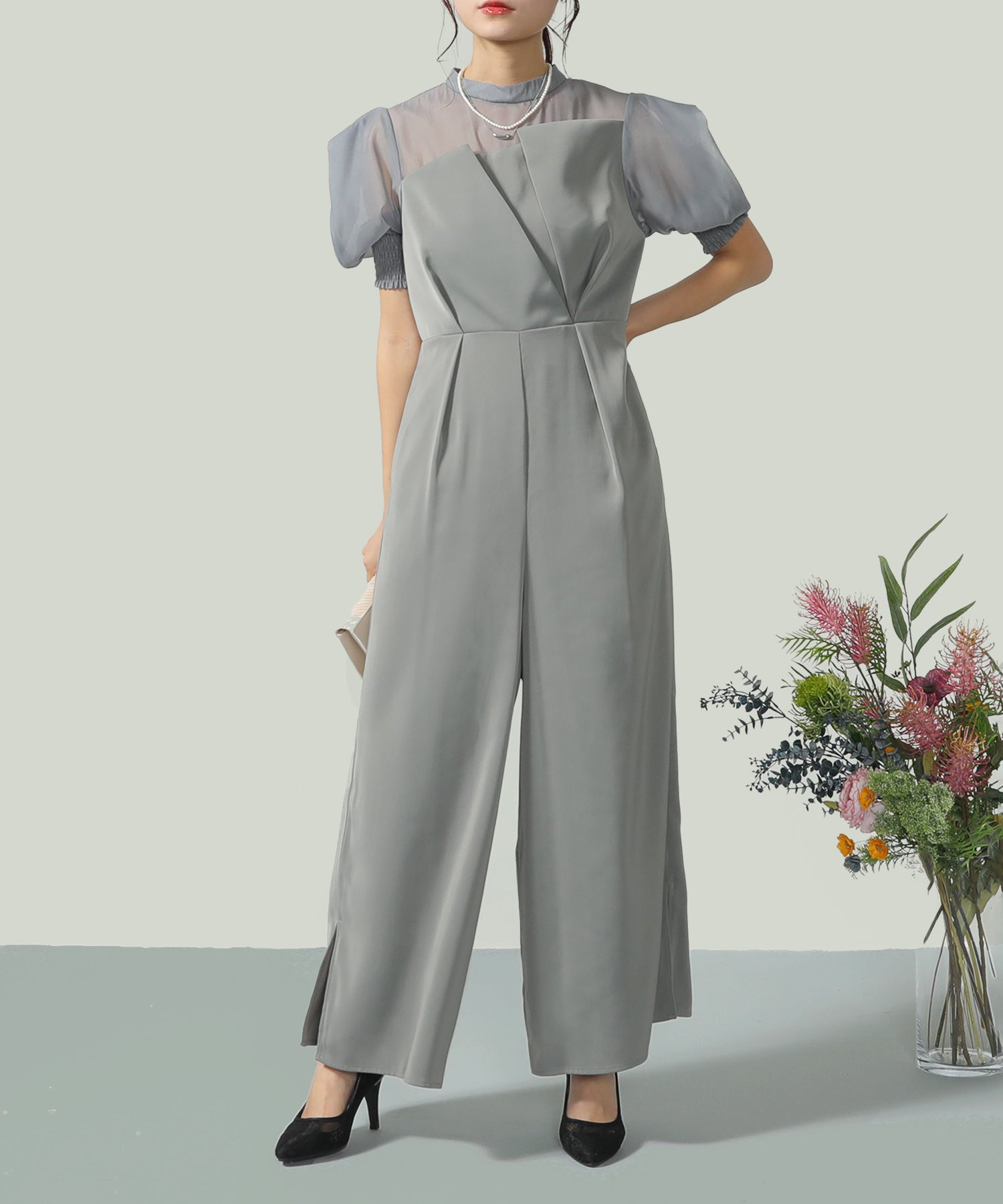 シアーボックススリーブ オケージョン パンツドレス 結婚式ドレス