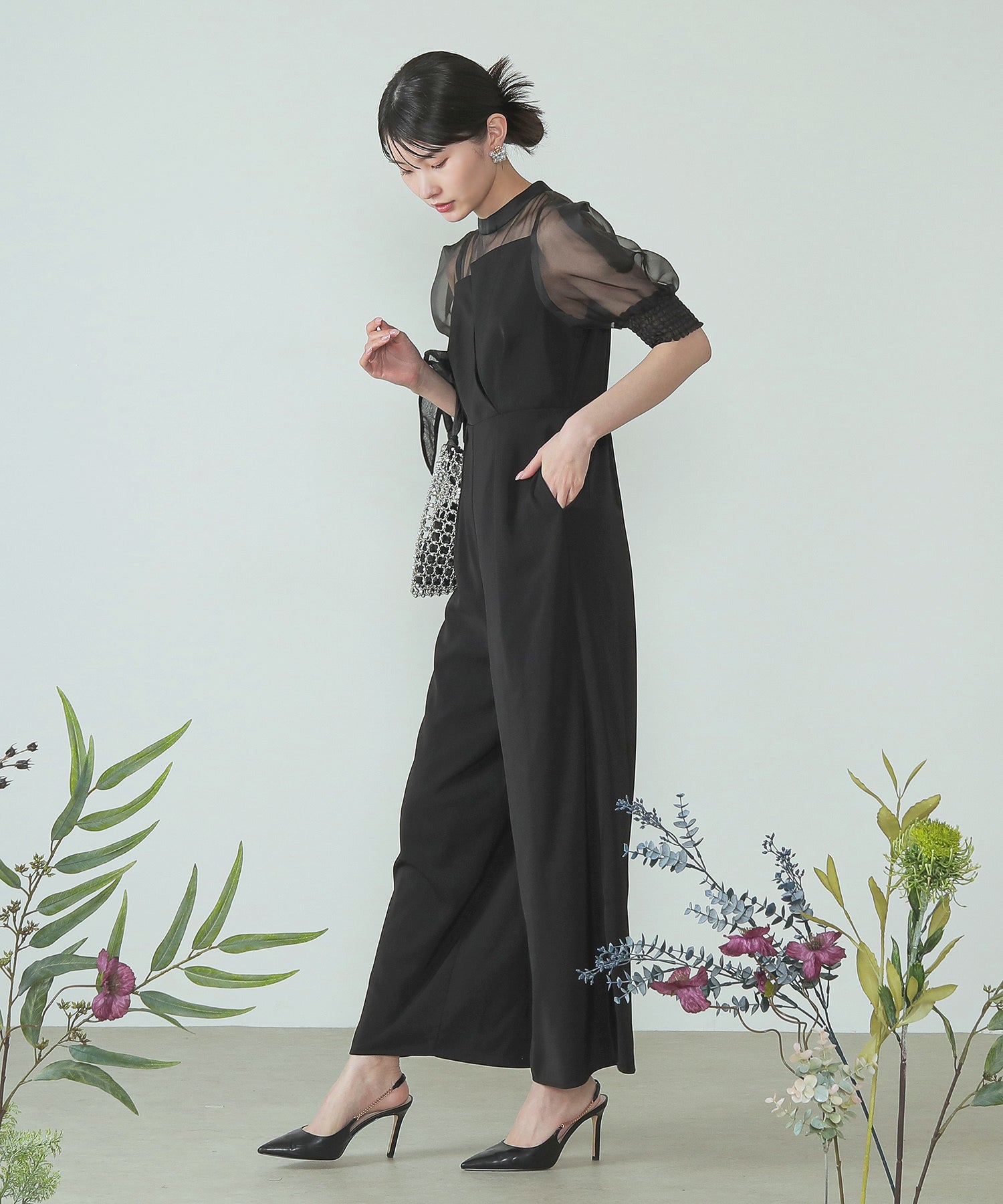 シアーボックススリーブ オケージョン パンツドレス 結婚式ドレス