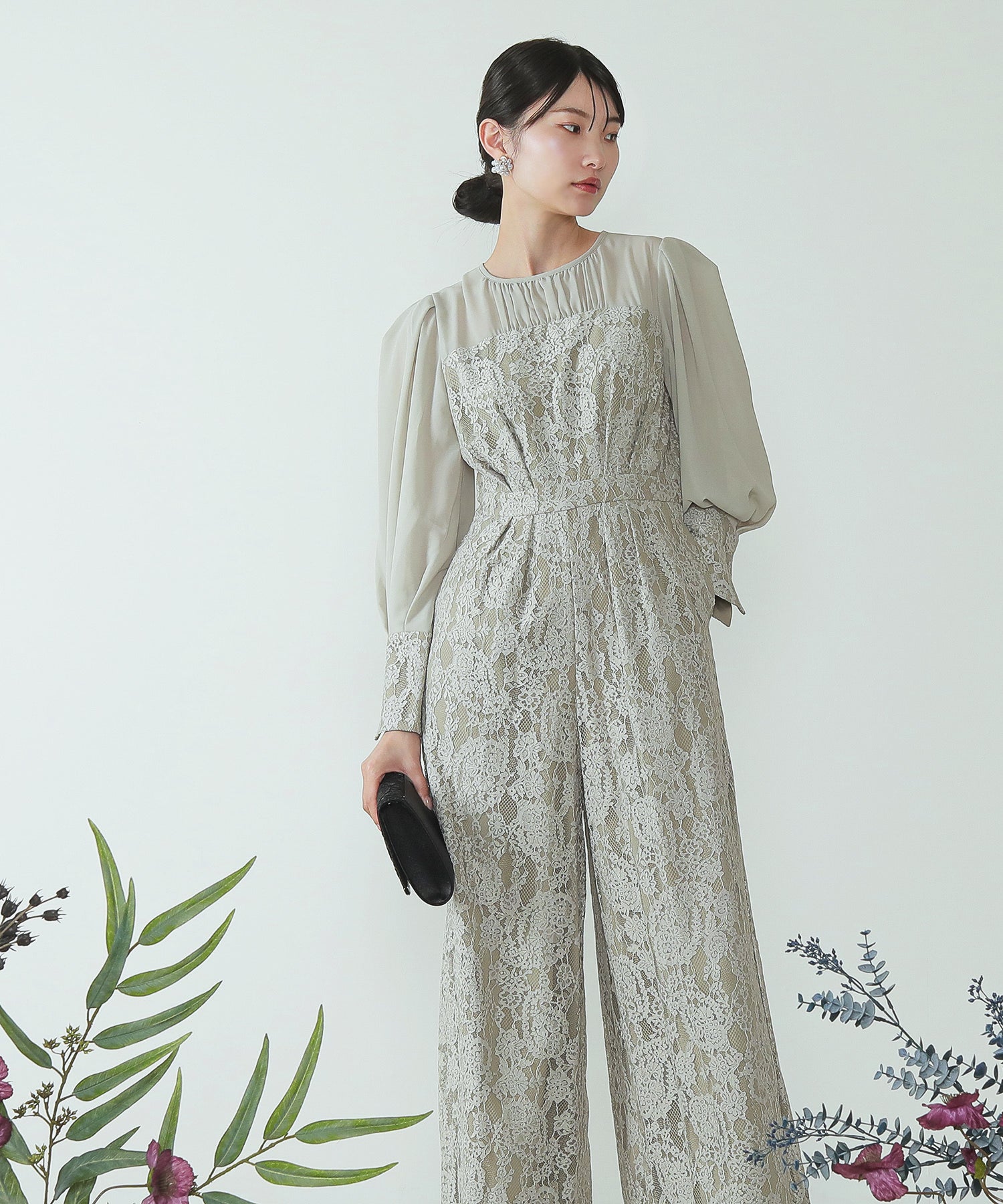 フラワーレース ワイドシルエット オールインワン パンツドレス