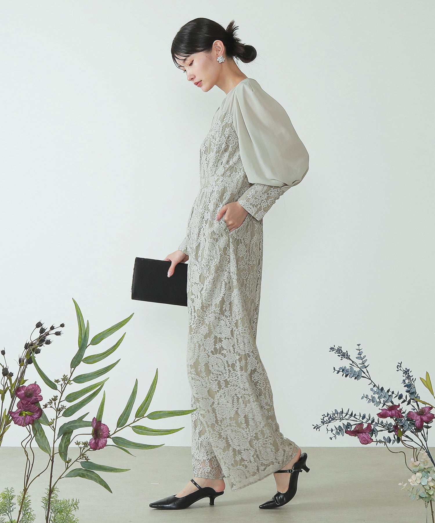 フラワーレース ワイドシルエット オールインワン パンツドレス