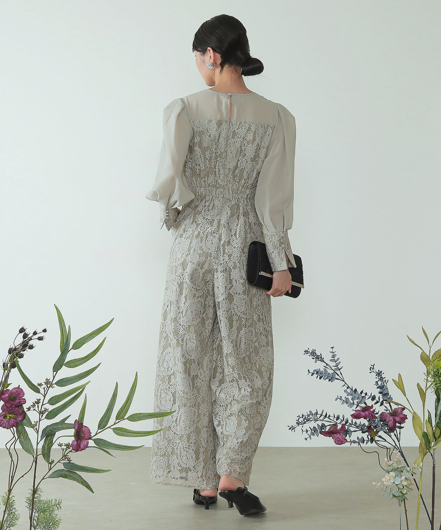 フラワーレース ワイドシルエット オールインワン パンツドレス