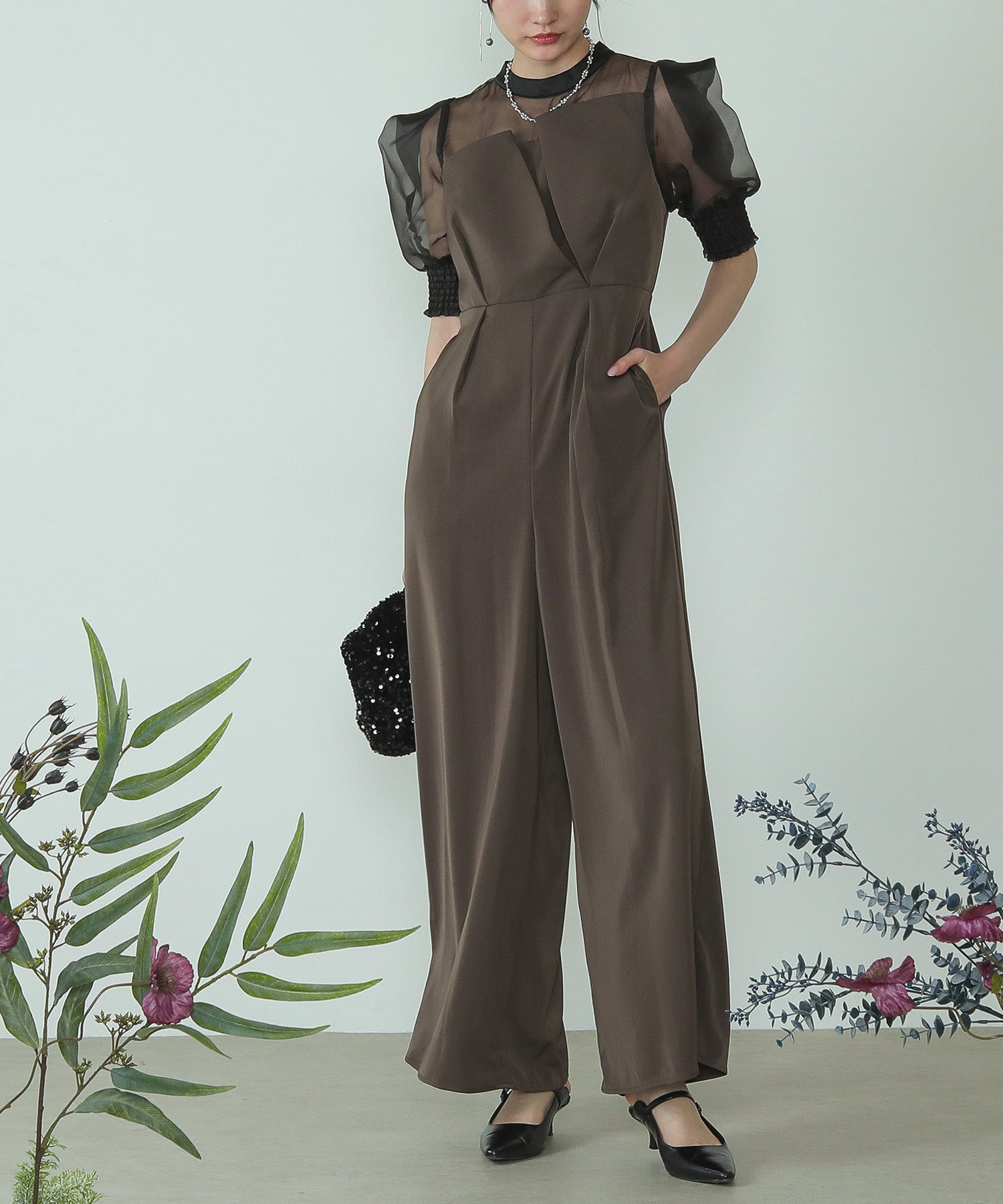 シアーボックススリーブ オケージョン パンツドレス 結婚式ドレス