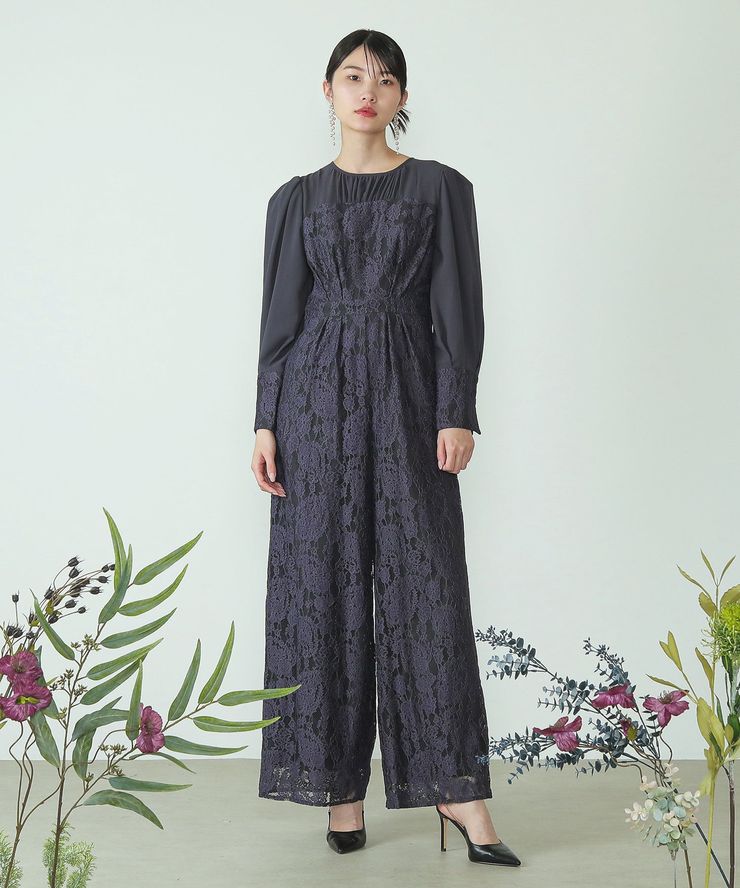 フラワーレース ワイドシルエット オールインワン パンツドレス