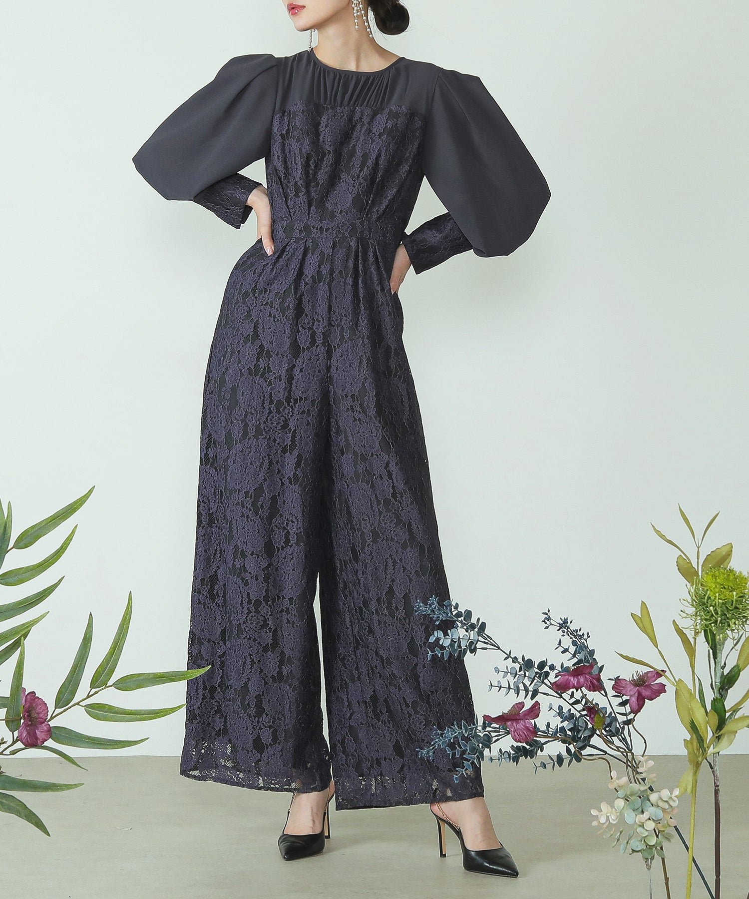 フラワーレース ワイドシルエット オールインワン パンツドレス