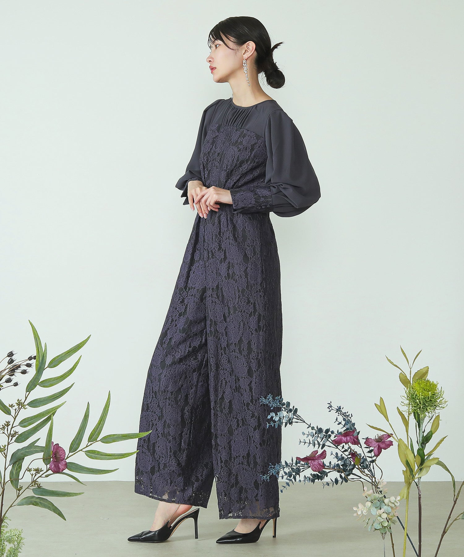 フラワーレース ワイドシルエット オールインワン パンツドレス