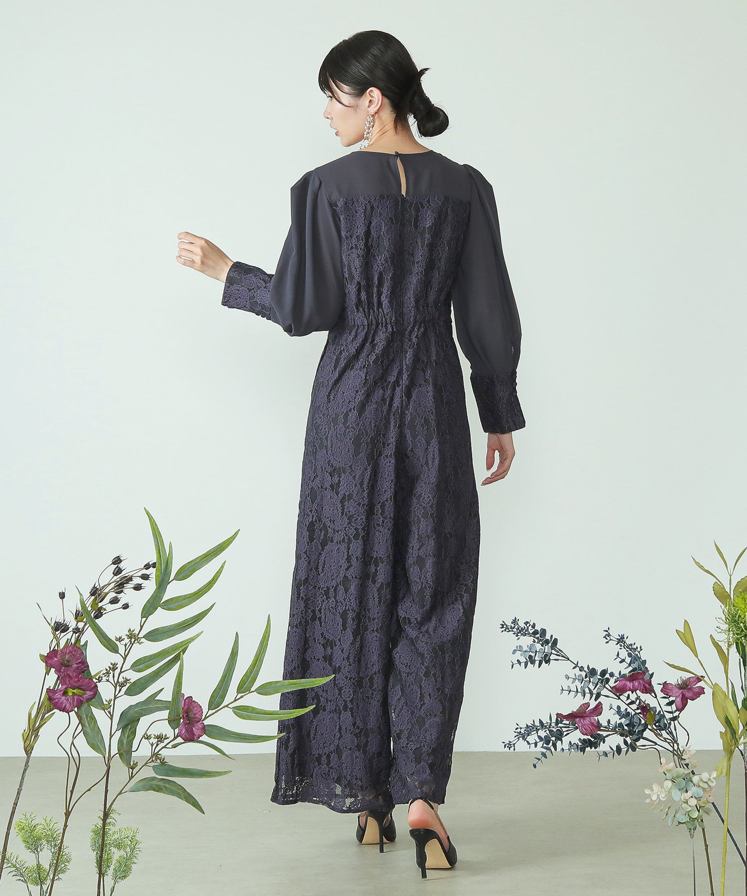 フラワーレース ワイドシルエット オールインワン パンツドレス