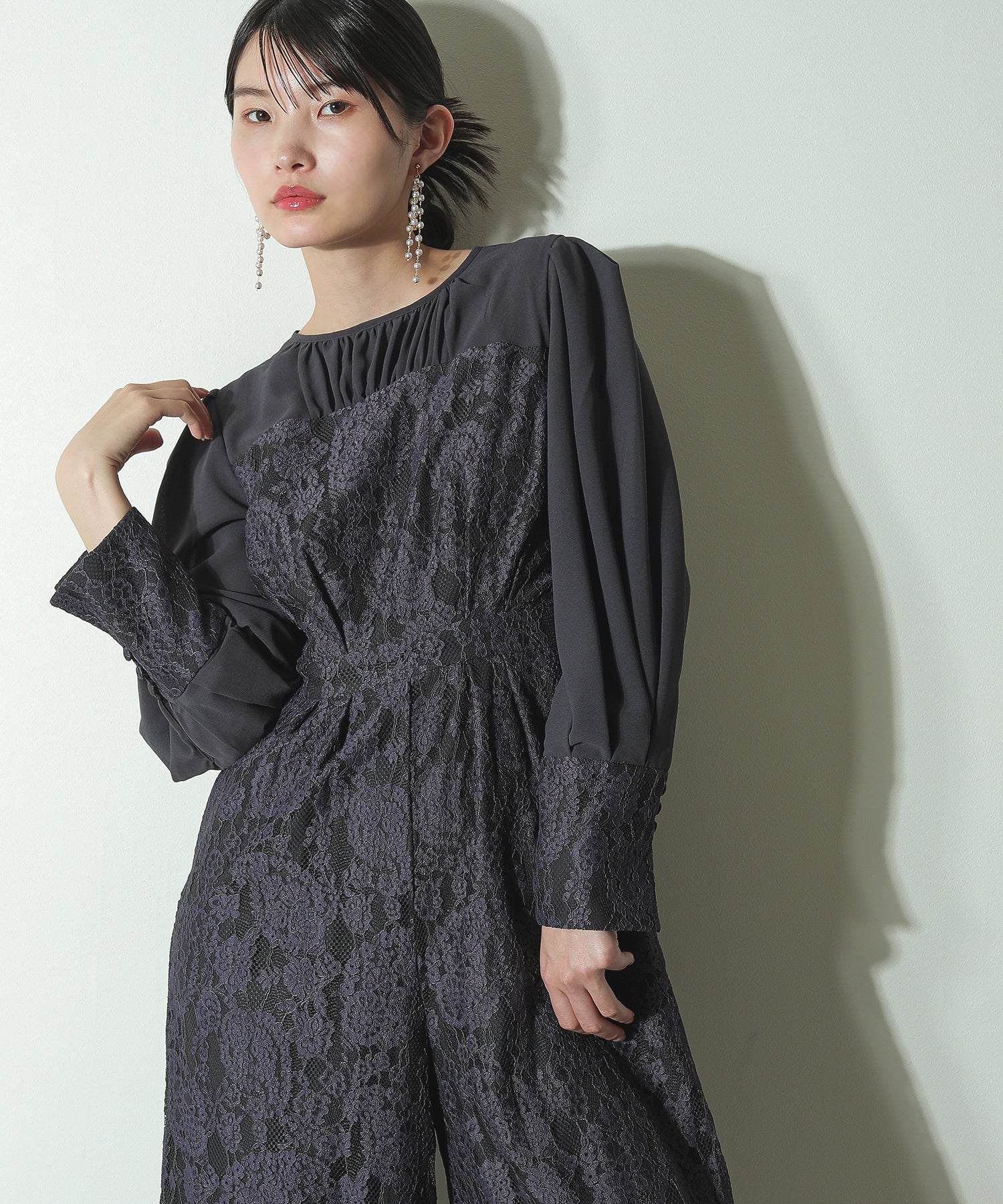 フラワーレース ワイドシルエット オールインワン パンツドレス