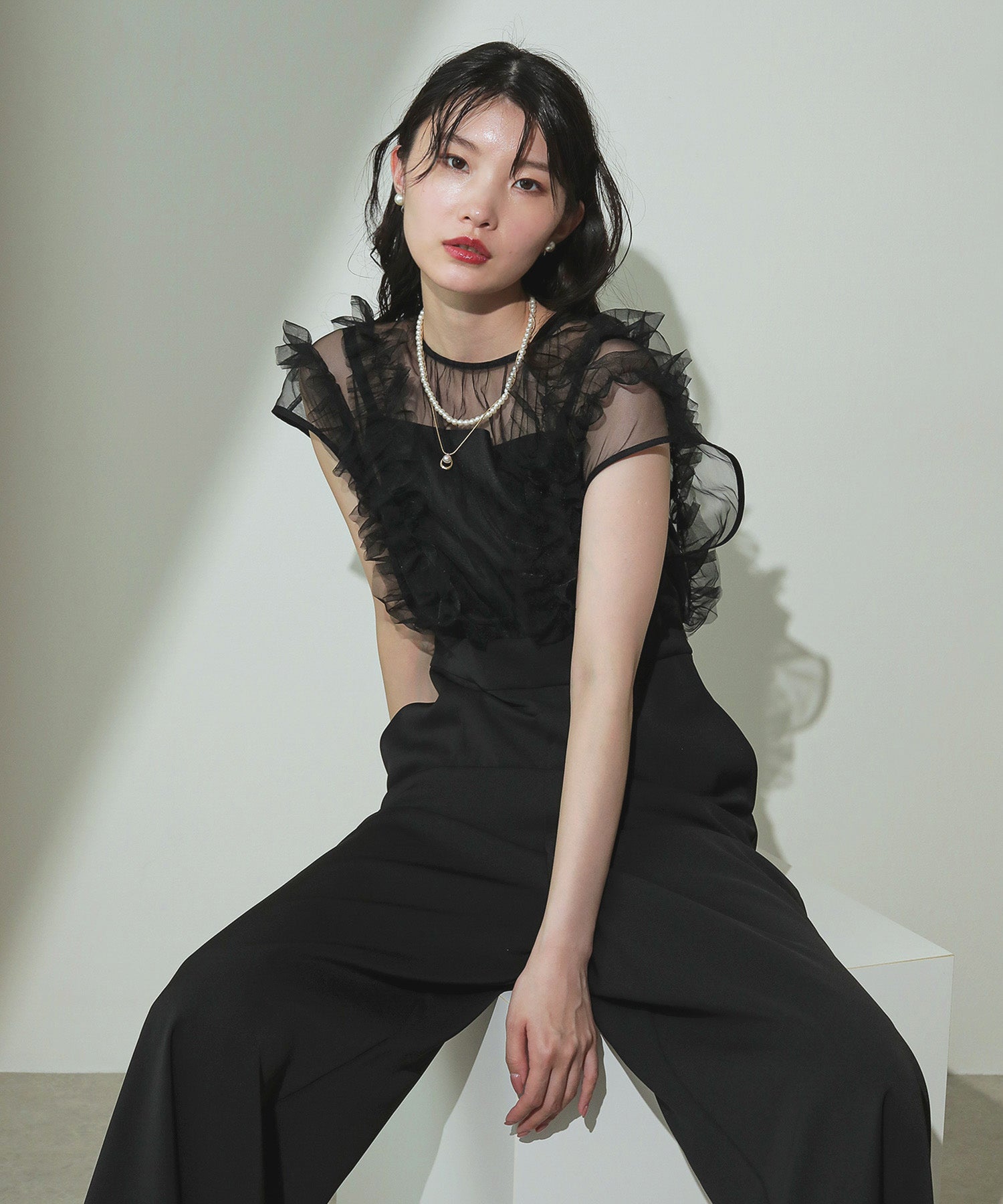 ボリューム ギャザー フリル ハイウエスト パンツドレス 結婚式 お呼ばれ パーティー ドレス