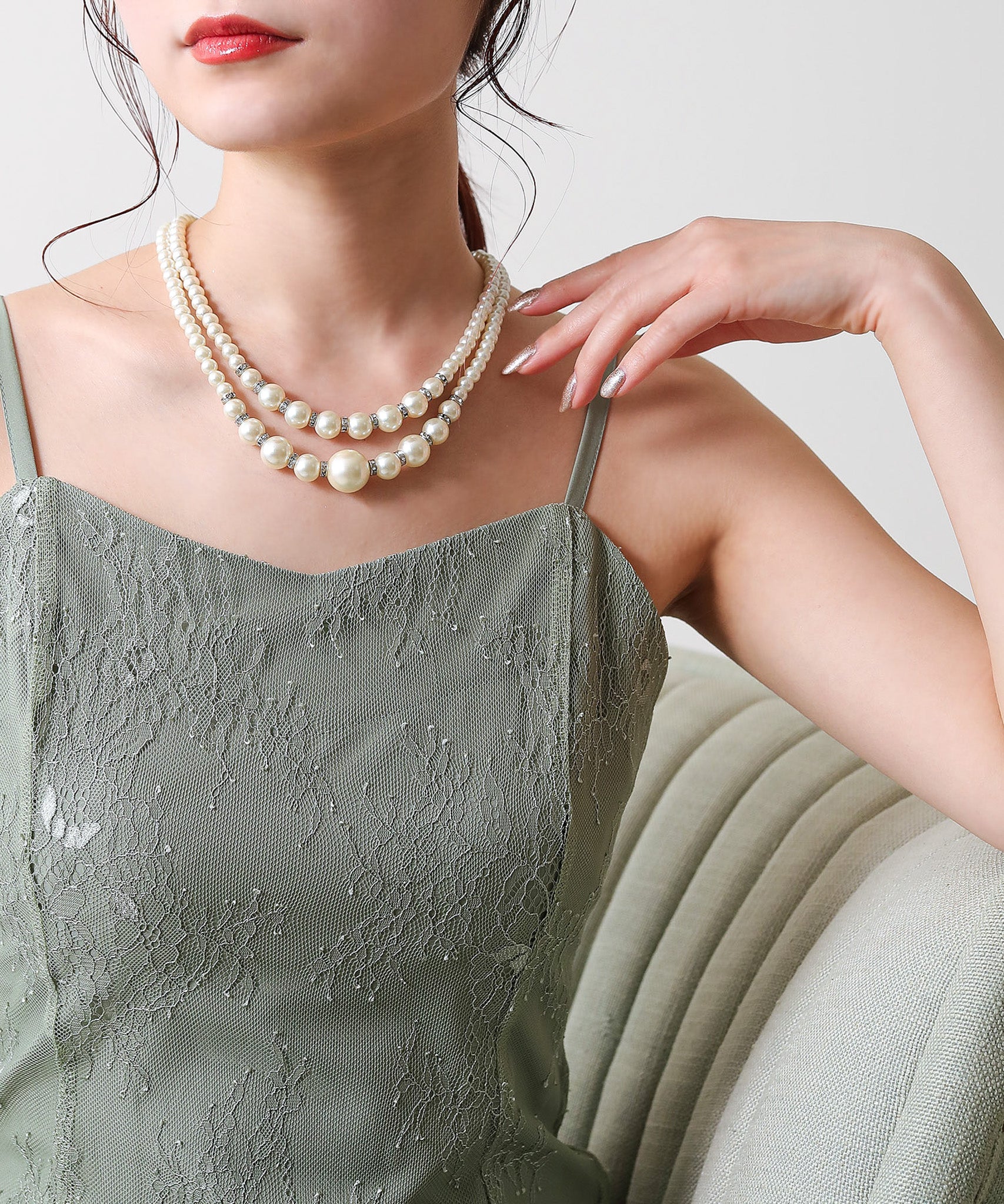 ロンデル ビジュー 2連 パールネックレス