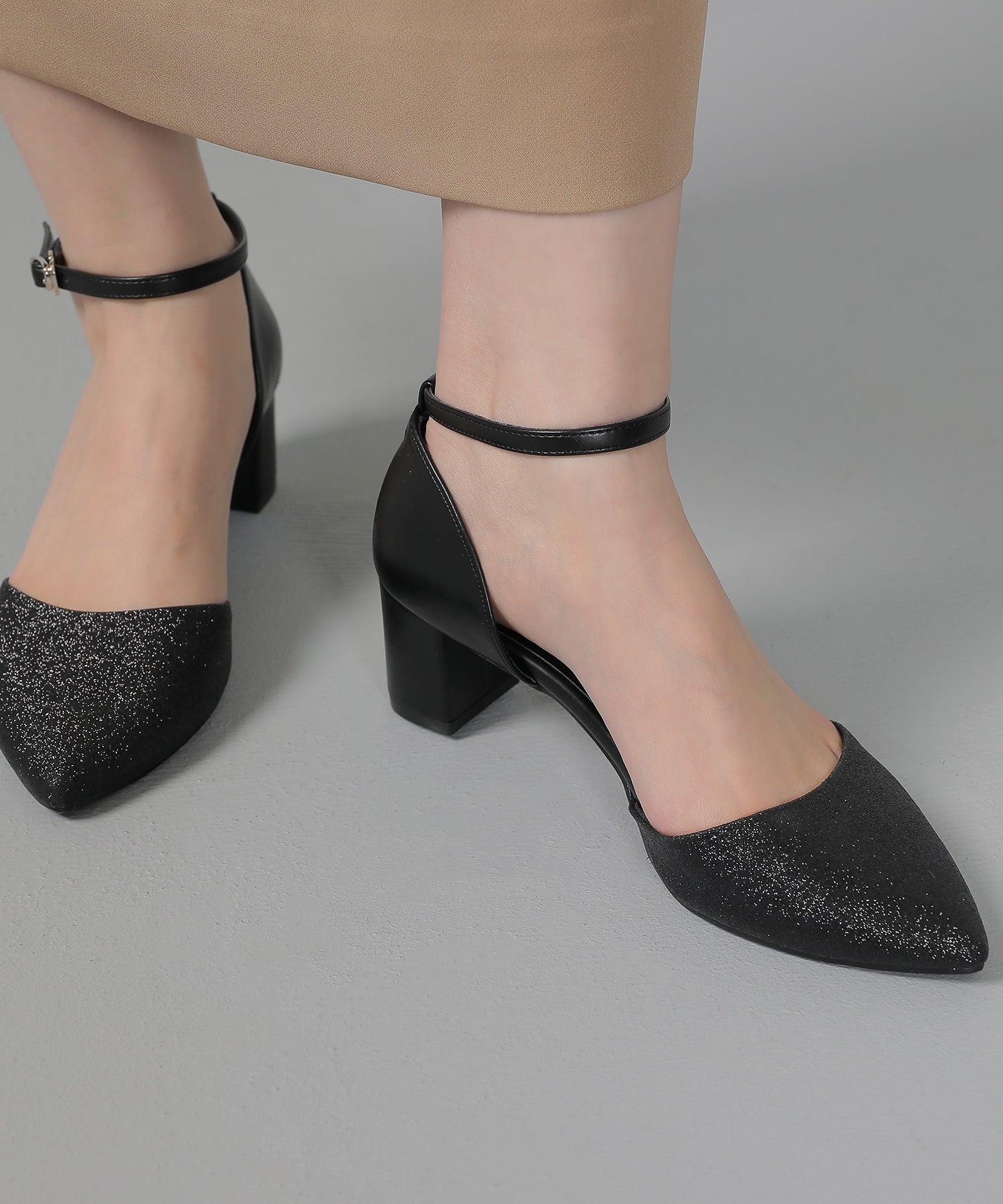 グリッター チャンキーヒール フォーマル パンプス