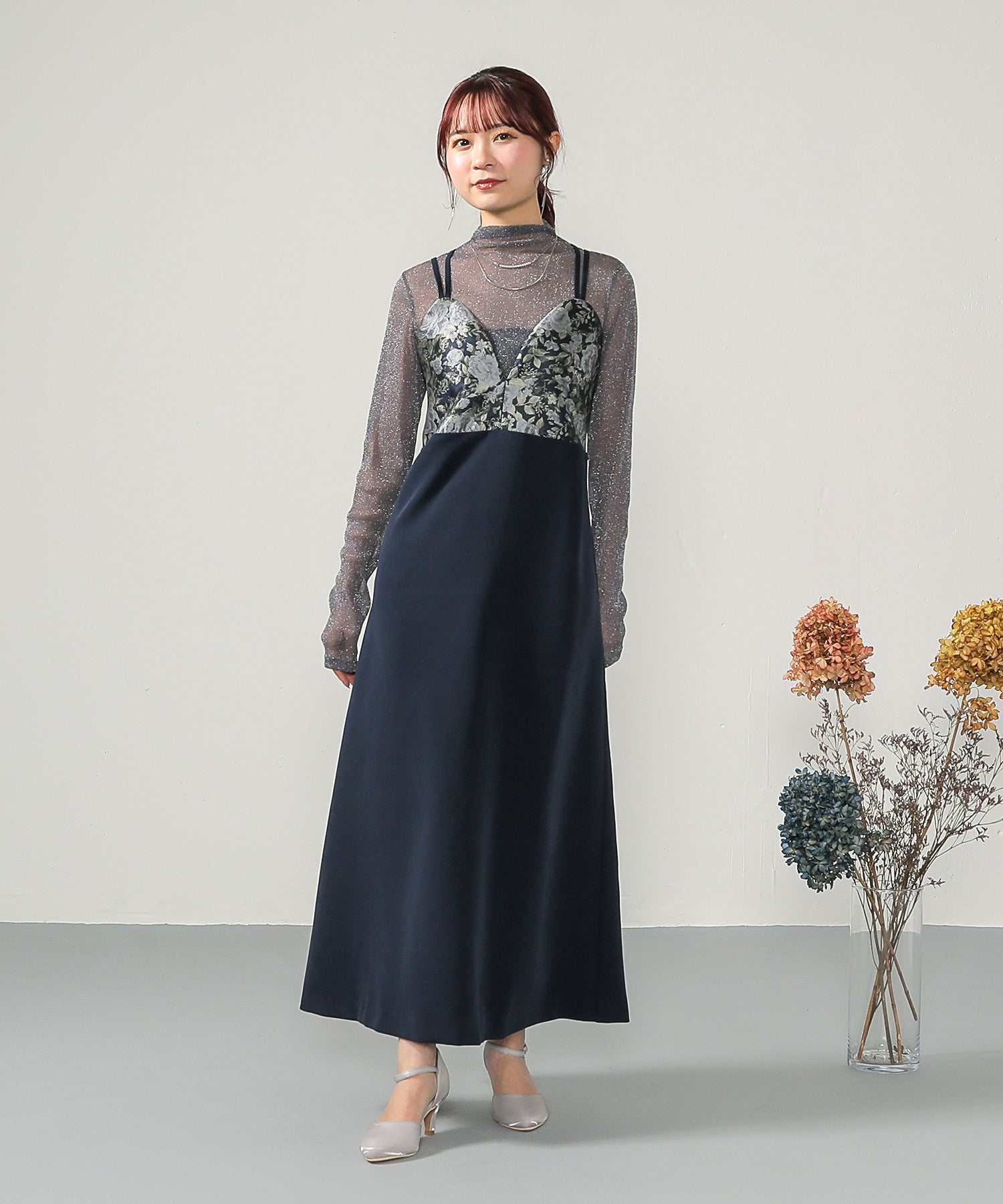 ラメ シアー トップス 花柄ワンピ 2点セット パーティードレス 結婚式 お呼ばれ