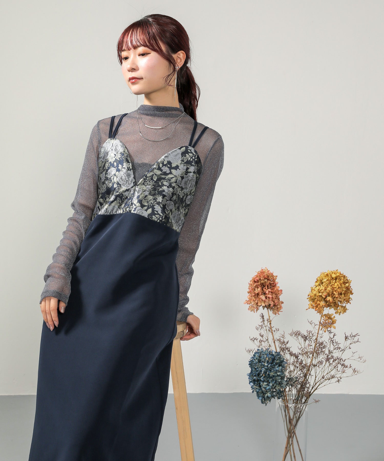 ラメ シアー トップス 花柄ワンピ 2点セット パーティードレス 結婚式 お呼ばれ