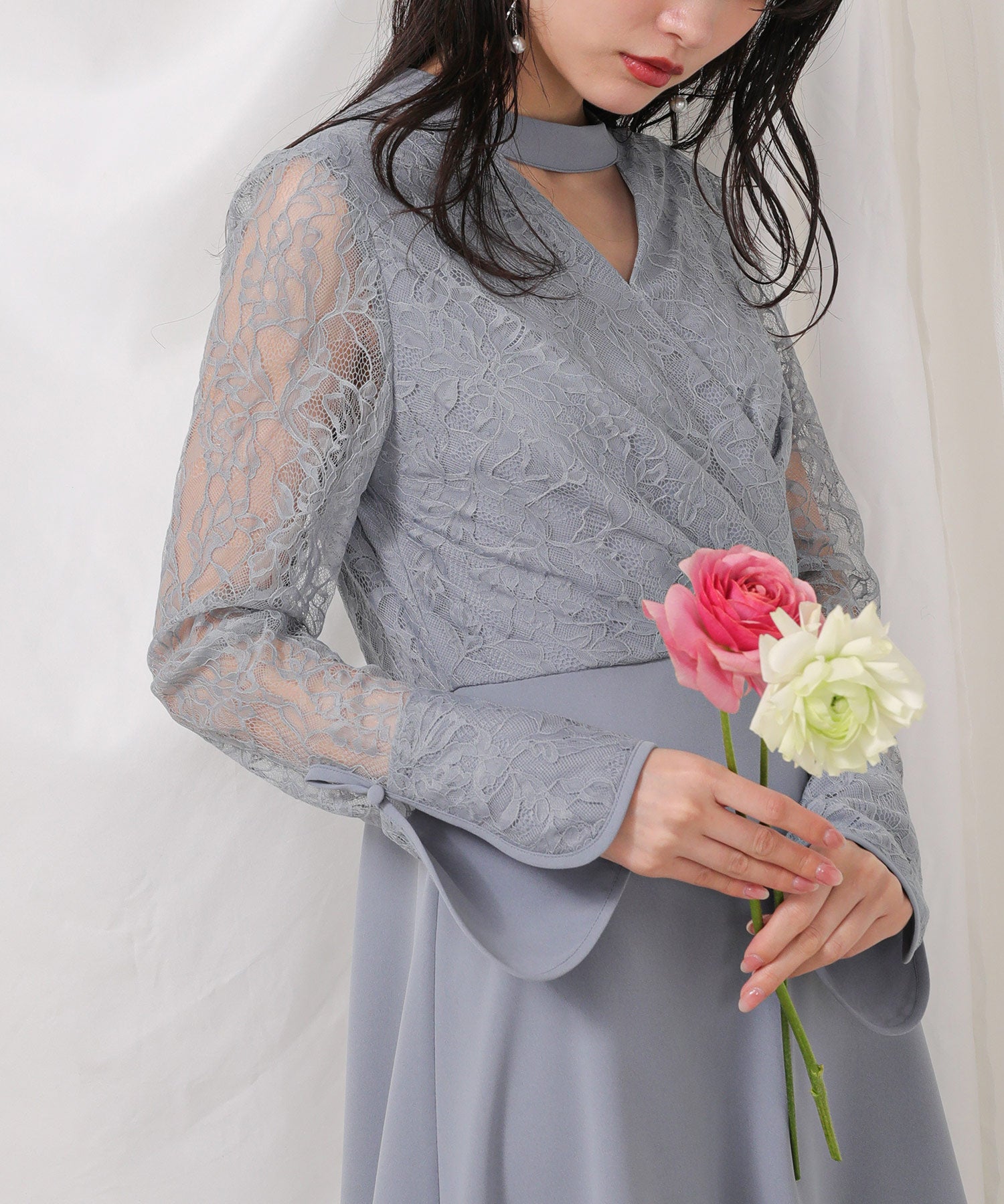 フラワー レース トライアングルデザイン ワンピース ドレス