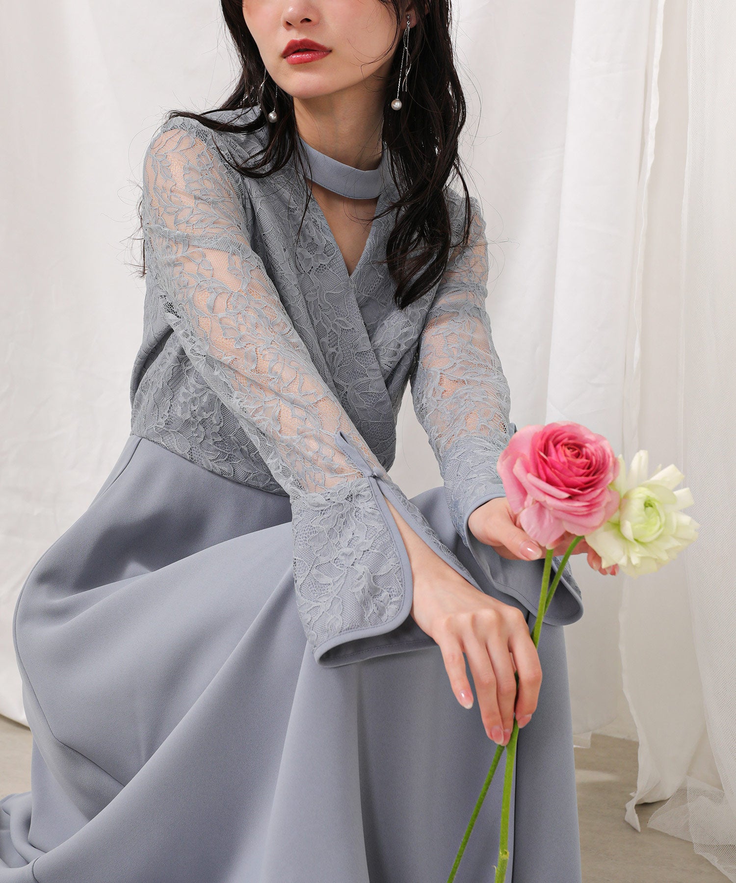 フラワー レース トライアングルデザイン ワンピース ドレス