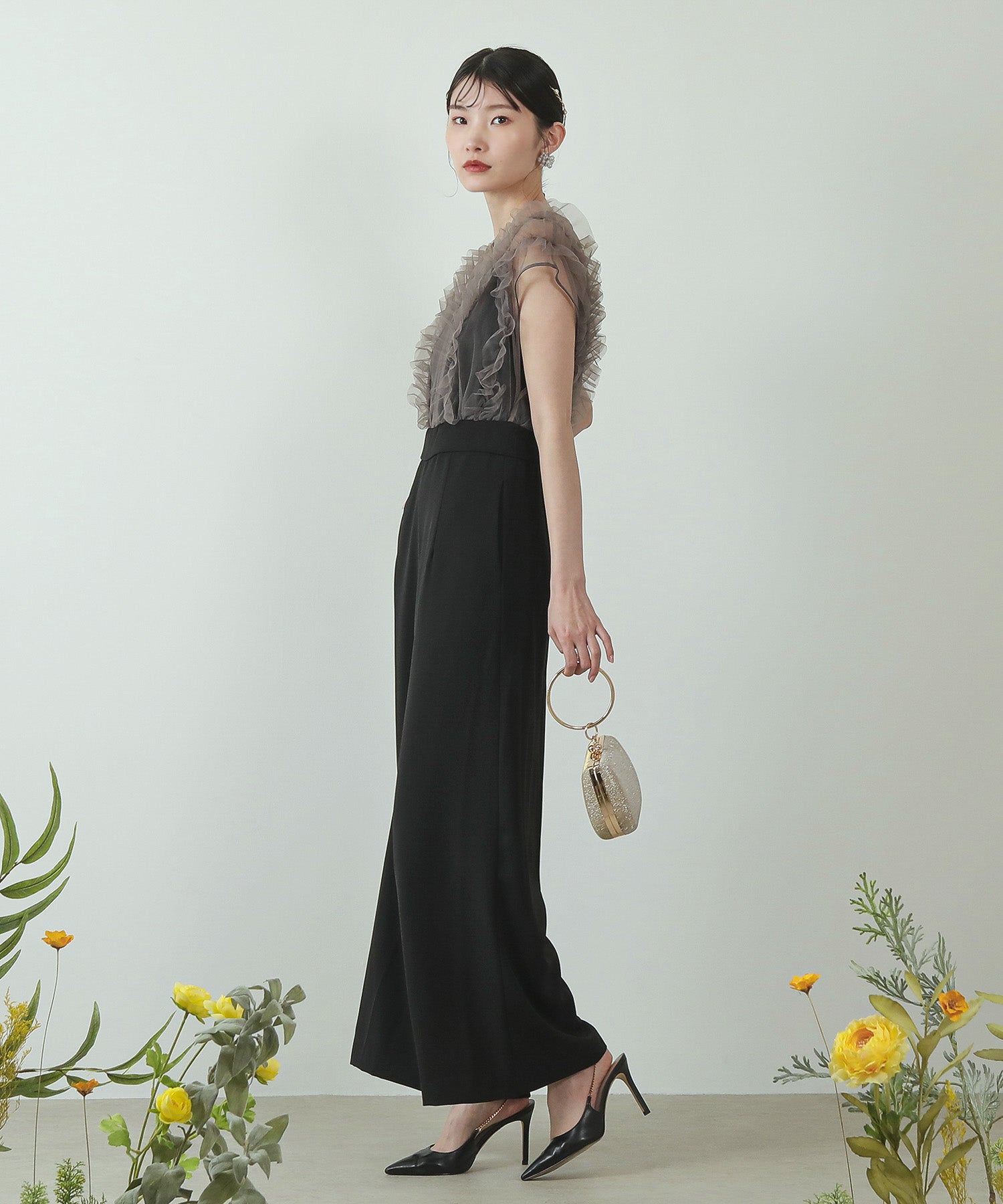 ボリューム ギャザー フリル ハイウエスト パンツドレス 結婚式 お呼ばれ パーティー ドレス