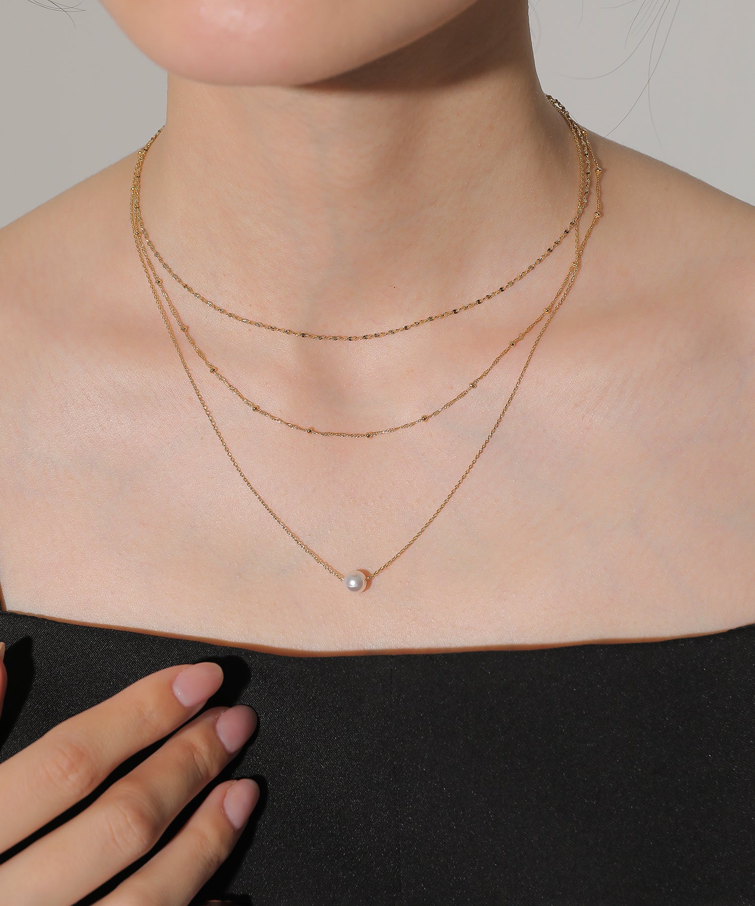 一粒パール 3連チェーン ネックレス