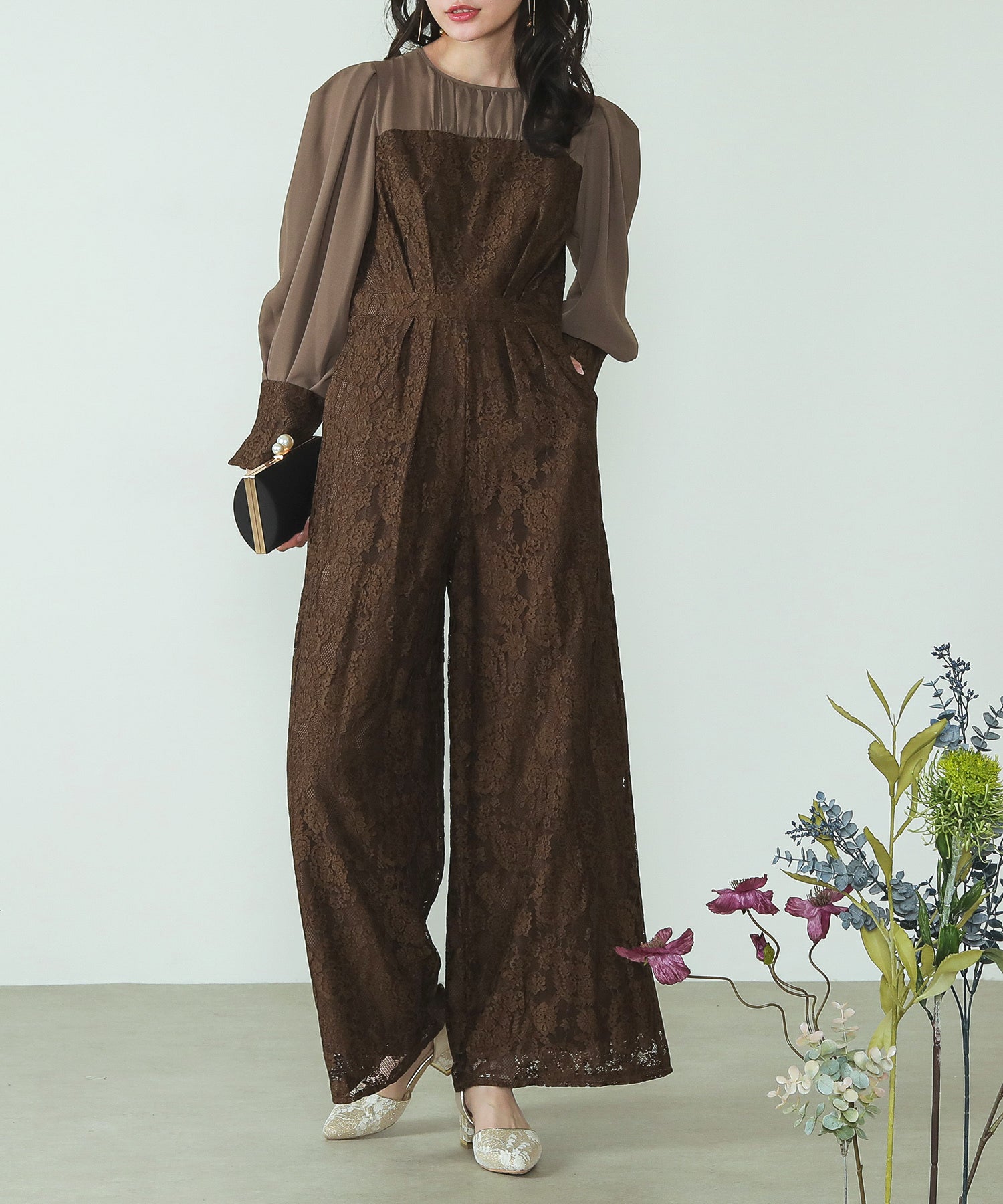 フラワーレース ワイドシルエット オールインワン パンツドレス