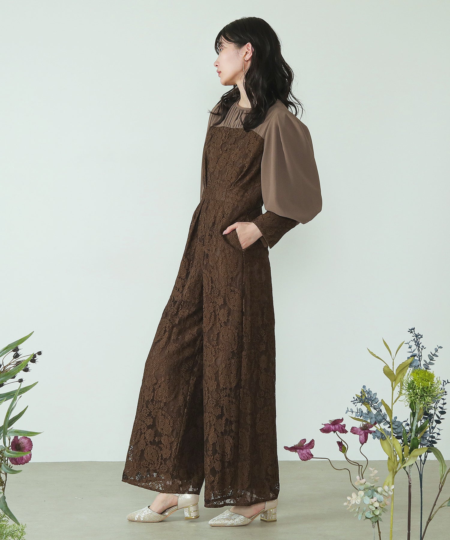 フラワーレース ワイドシルエット オールインワン パンツドレス