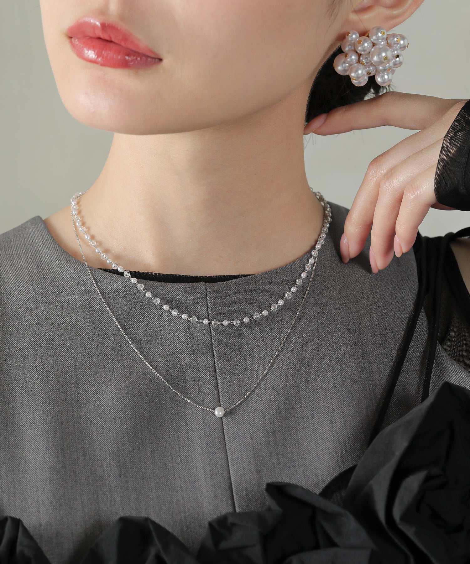未使用品　クリアビーズ ネックレス クリアビーズ × ワントップパール2連 ネックレス パーティー 結婚式