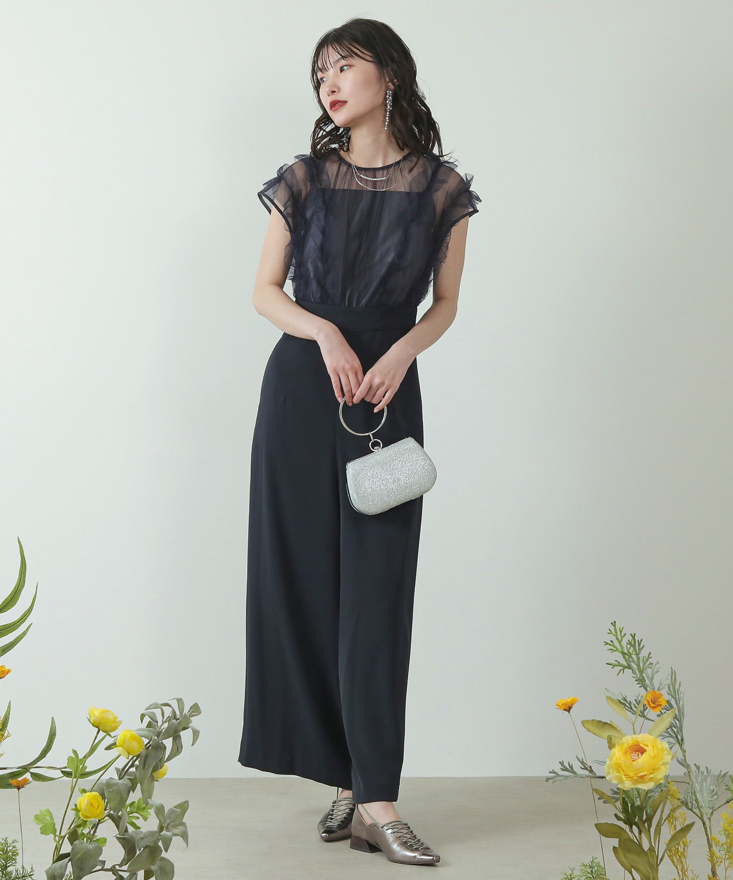 ボリューム ギャザー フリル ハイウエスト パンツドレス 結婚式 お呼ばれ パーティー ドレス