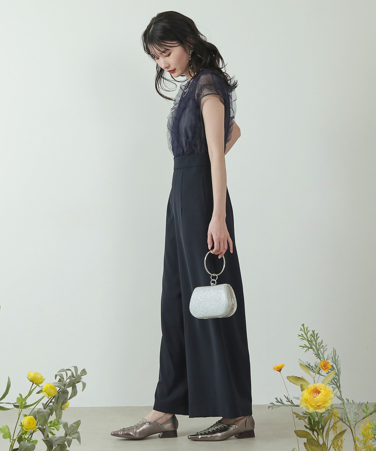 ボリューム ギャザー フリル ハイウエスト パンツドレス 結婚式 お呼ばれ パーティー ドレス