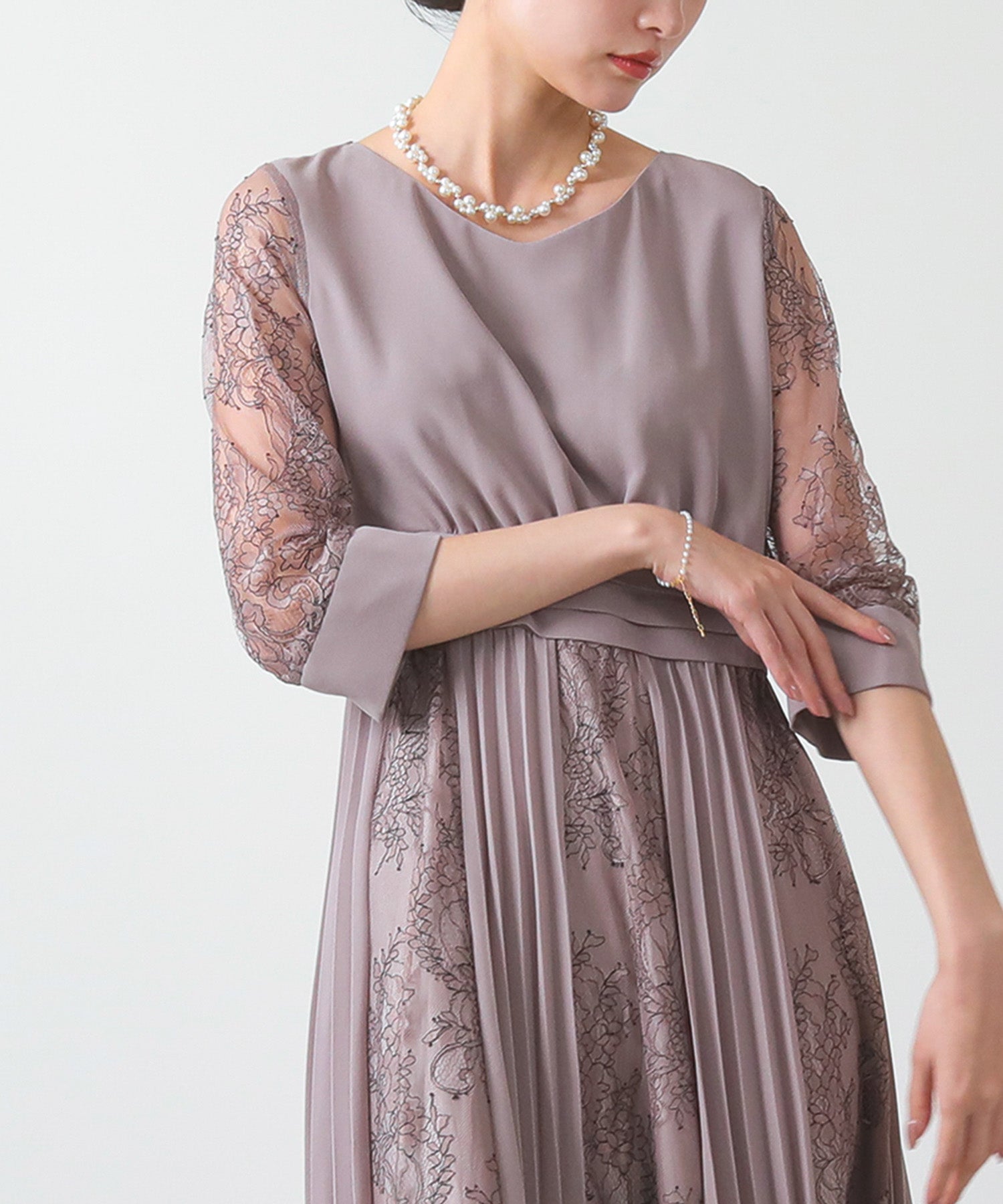 プリーツ×レース ウエストタックロングワンピースドレス